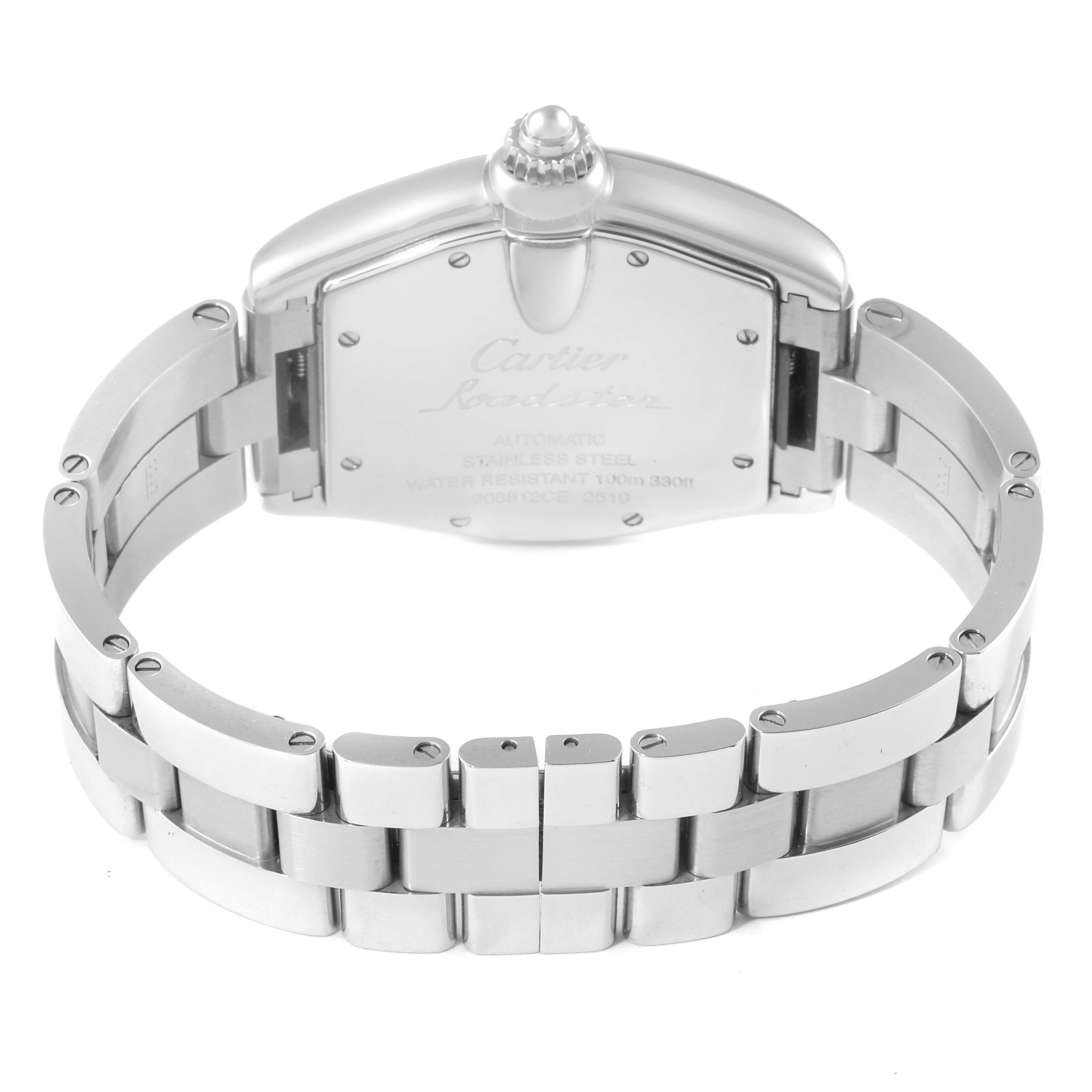 The image shows the back and bracelet of the Cartier Roadster W62025V3 Men
s Stainless Steel Silver Dial W62025V3 Men
s Stainless Steel Silver Dial watch, highlighting its stainless steel construction.