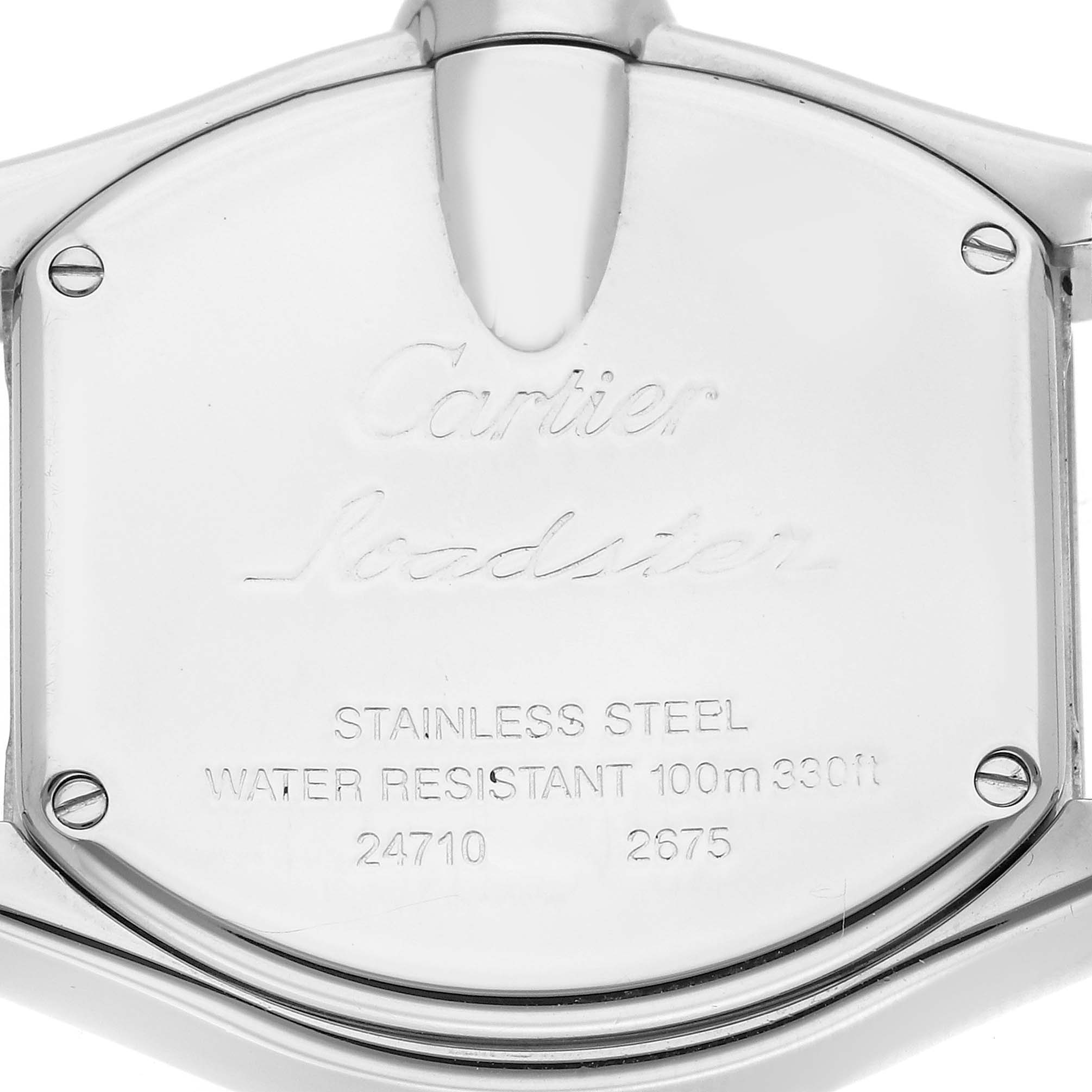 The image shows the back of a Cartier Roadster W62016V3 Women's Stainless Steel Silver Dial watch, highlighting its stainless steel casing and water resistance details.