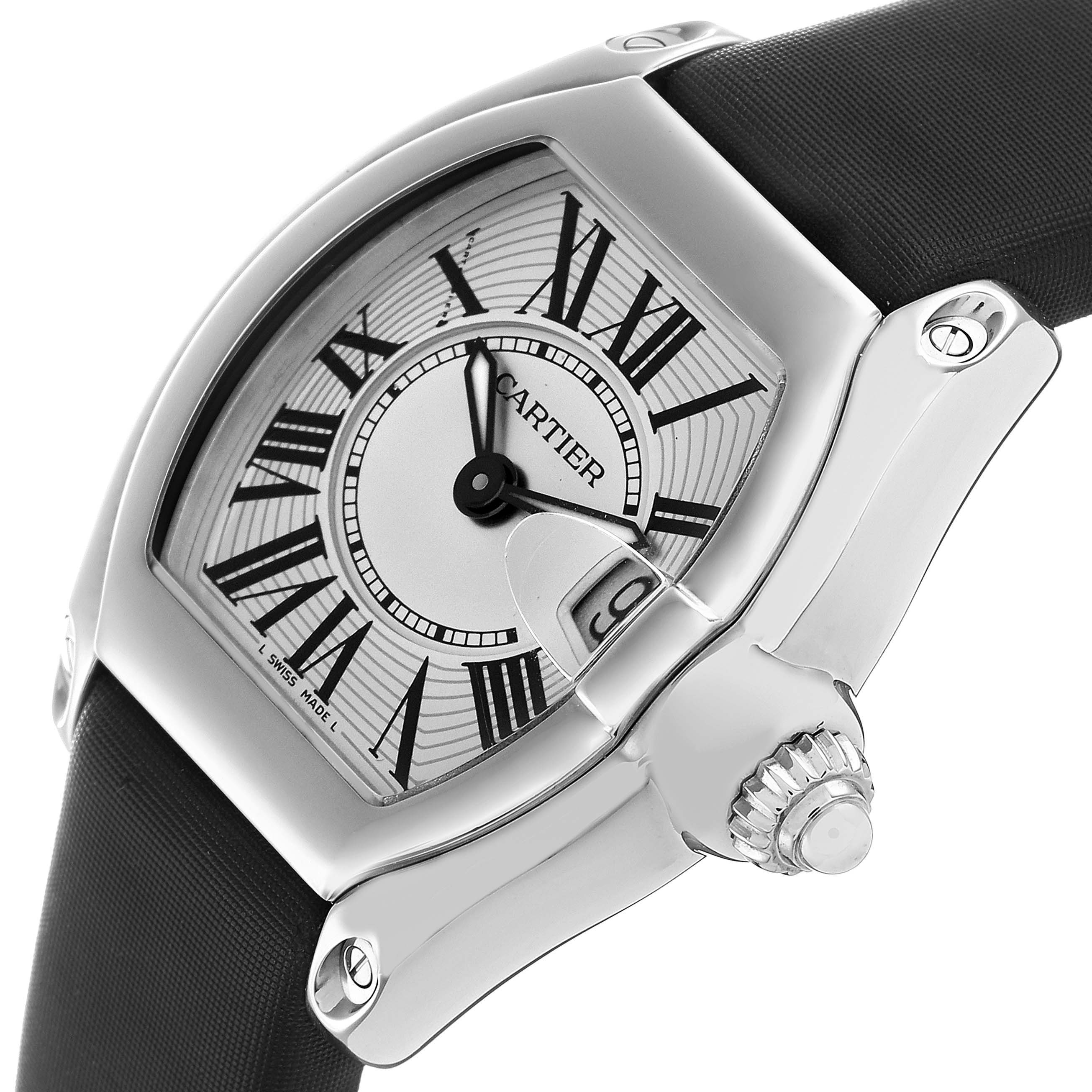 The Cartier Roadster W62016V3 Women's Stainless Steel Silver Dial watch is shown at a slight angle highlighting the face, case, crown, and part of the strap.
