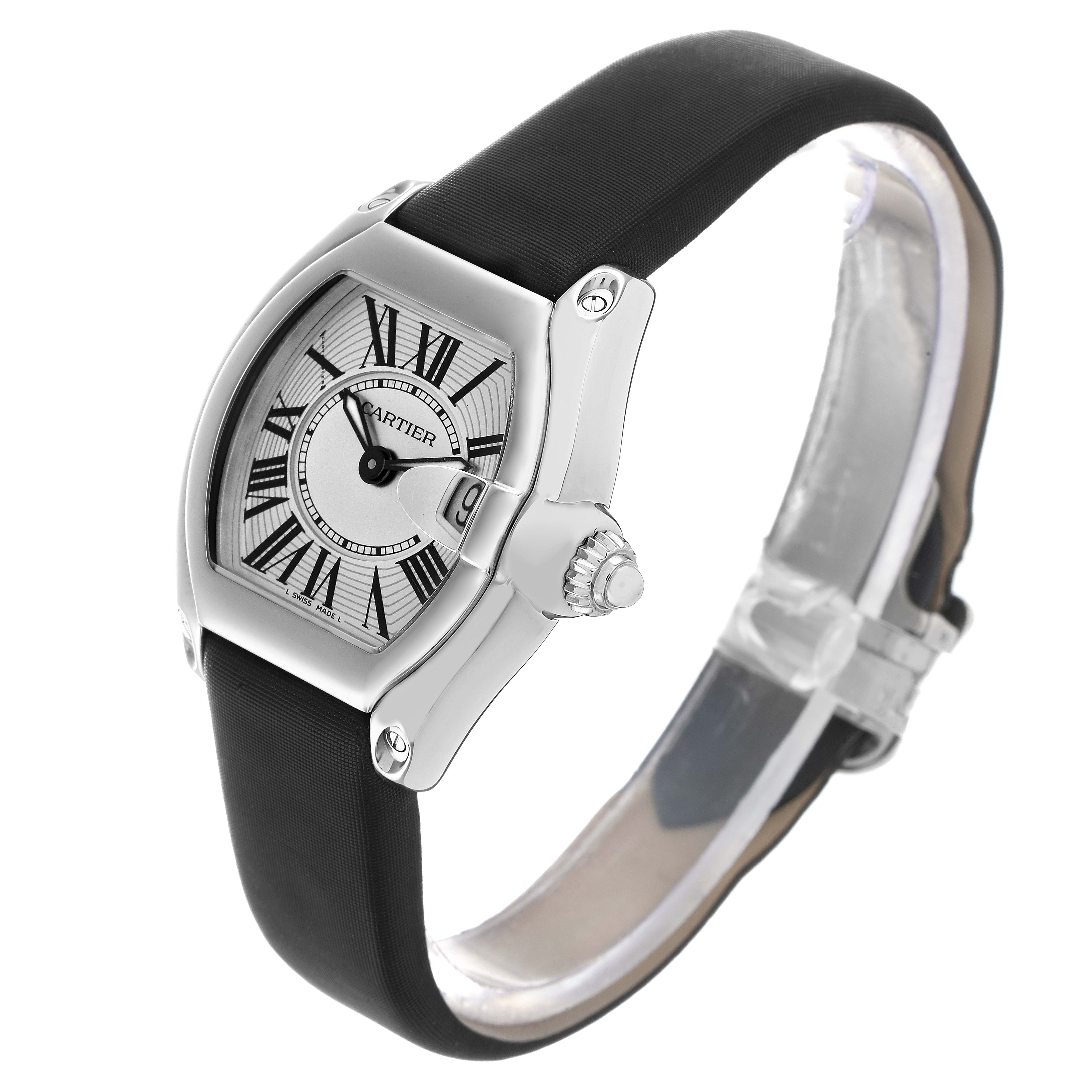 The Cartier Roadster W62016V3 Women's Stainless Steel Silver Dial watch is shown at a three-quarter angle, highlighting the dial, crown, and part of the strap.