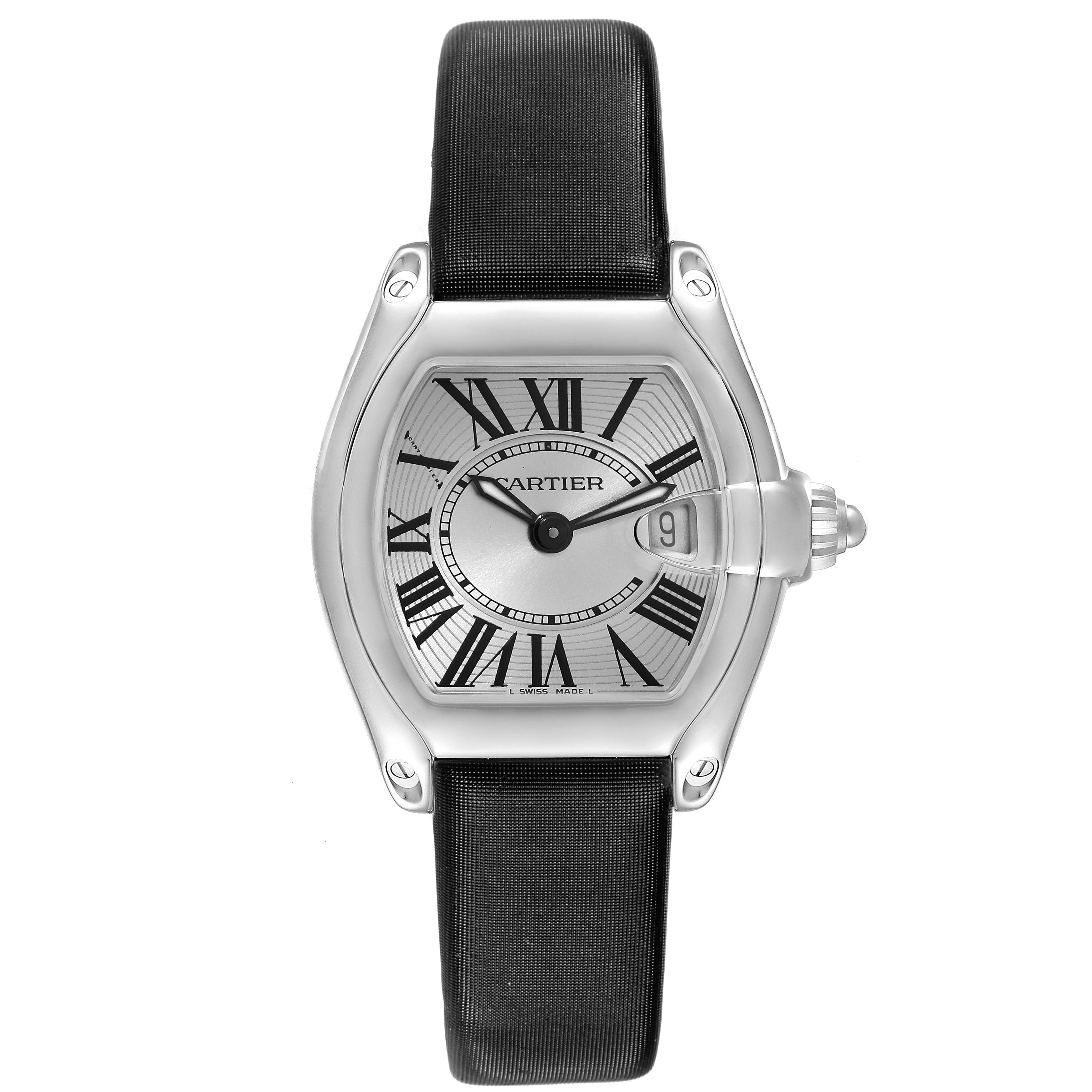 The Cartier Roadster W62016V3 Women's Stainless Steel Silver Dial watch is shown from a straight-on angle, displaying the dial, Roman numerals, and a date window.