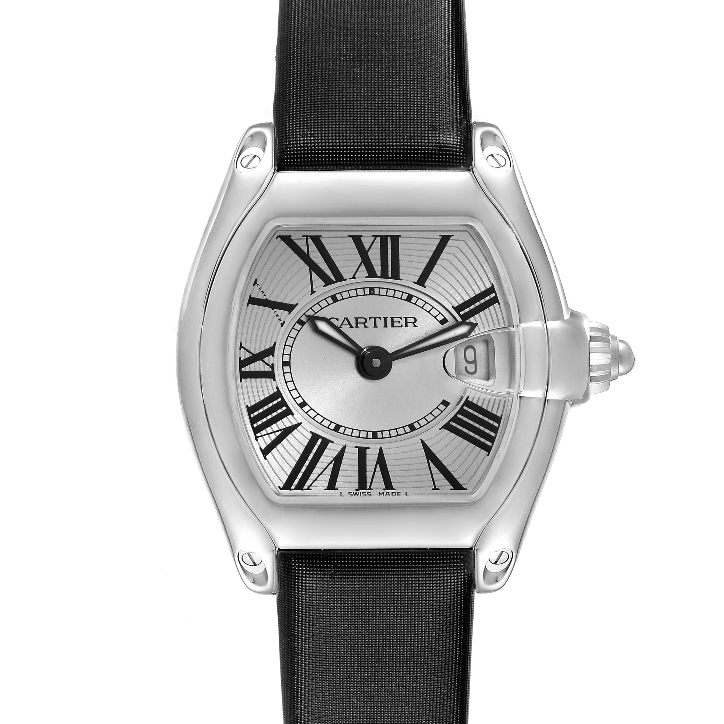 The Cartier Roadster W62016V3 Women's Stainless Steel Silver Dial watch is shown from the front, highlighting its face, Roman numerals, and date window.