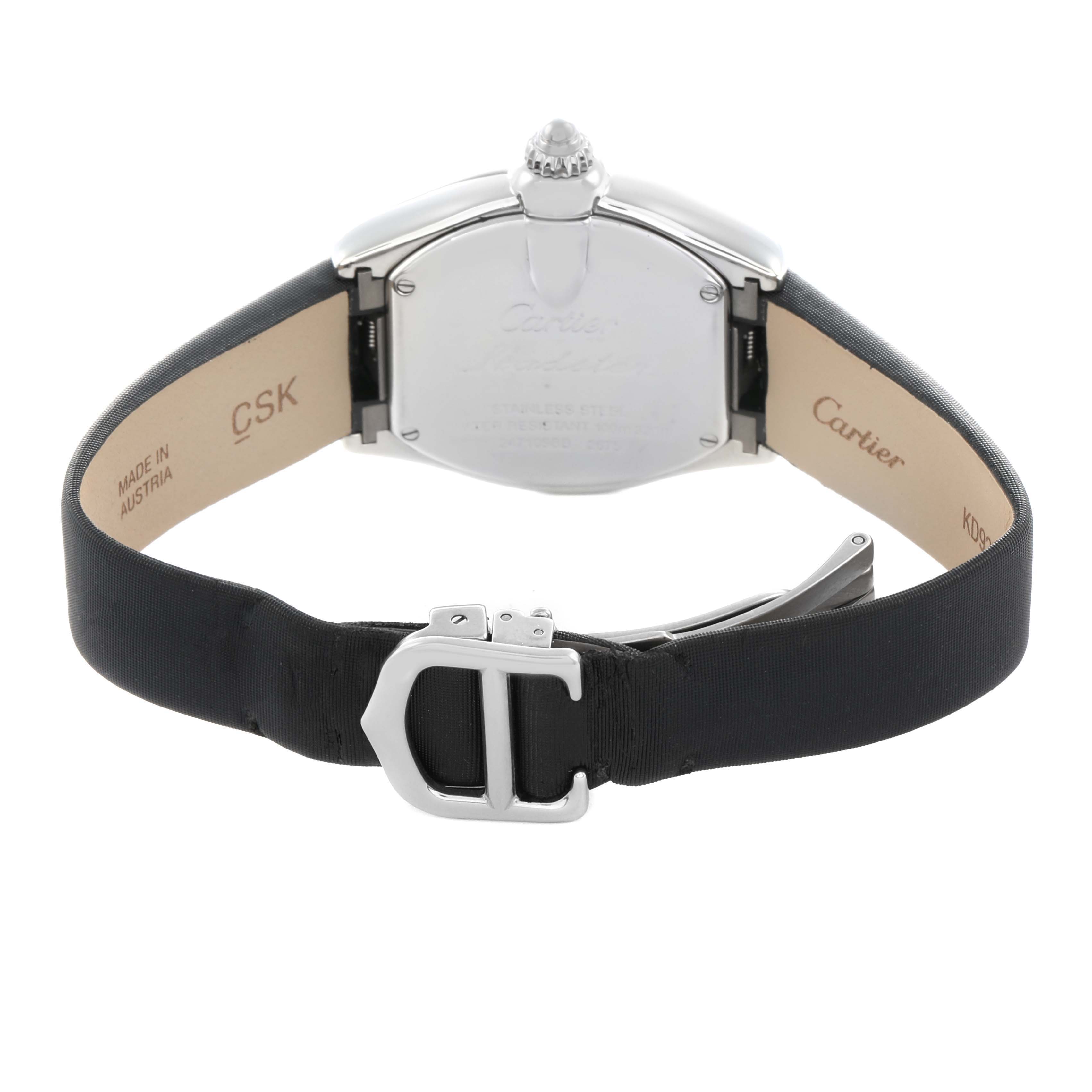 The Cartier Roadster W62016V3 Women's Stainless Steel Silver Dial watch is shown from the back, highlighting the case back, strap, and buckle clasp.