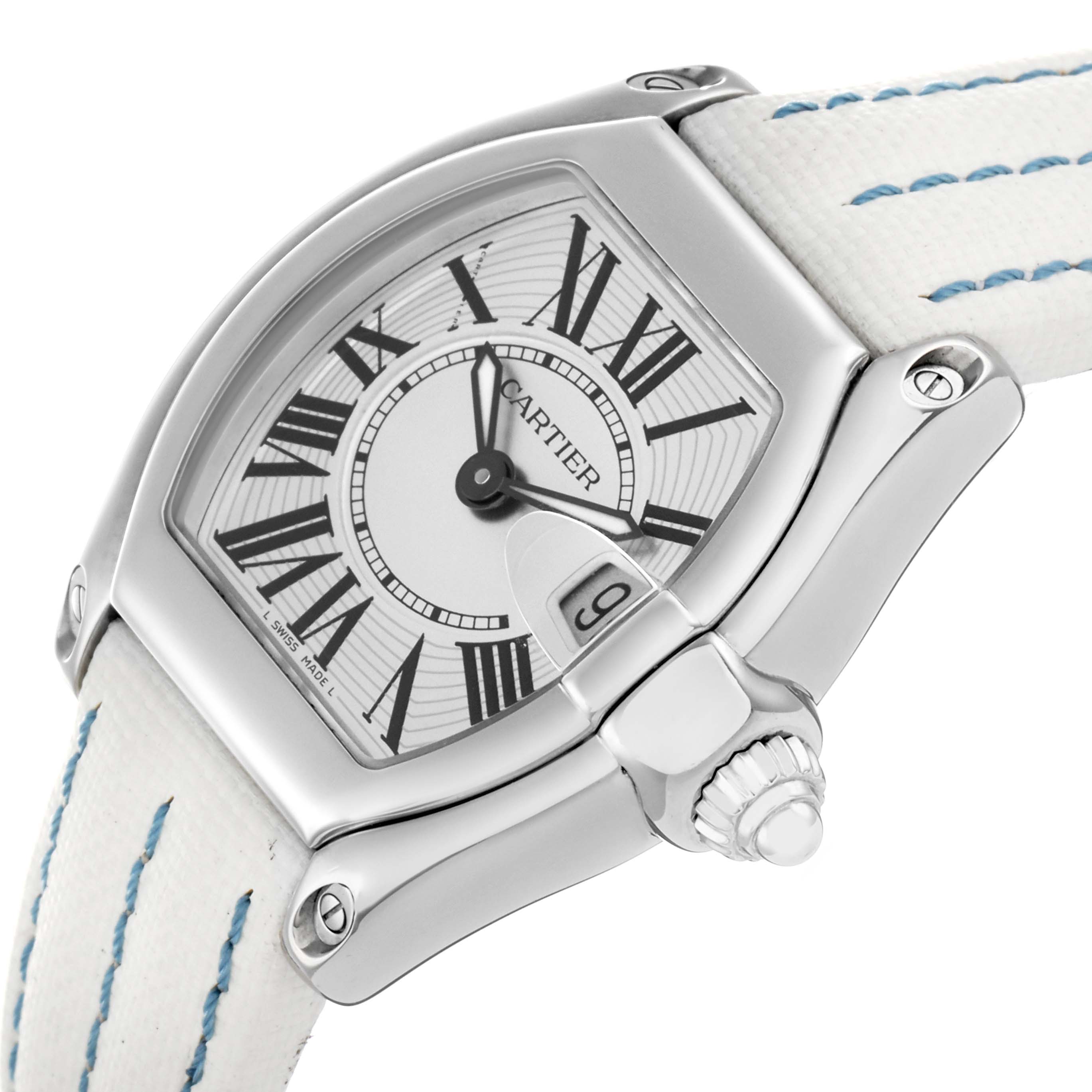 The Cartier Roadster W62016V3 Women
s Stainless Steel Silver Dial watch is shown from an angled close-up perspective, highlighting the dial, crown, and part of the strap.
