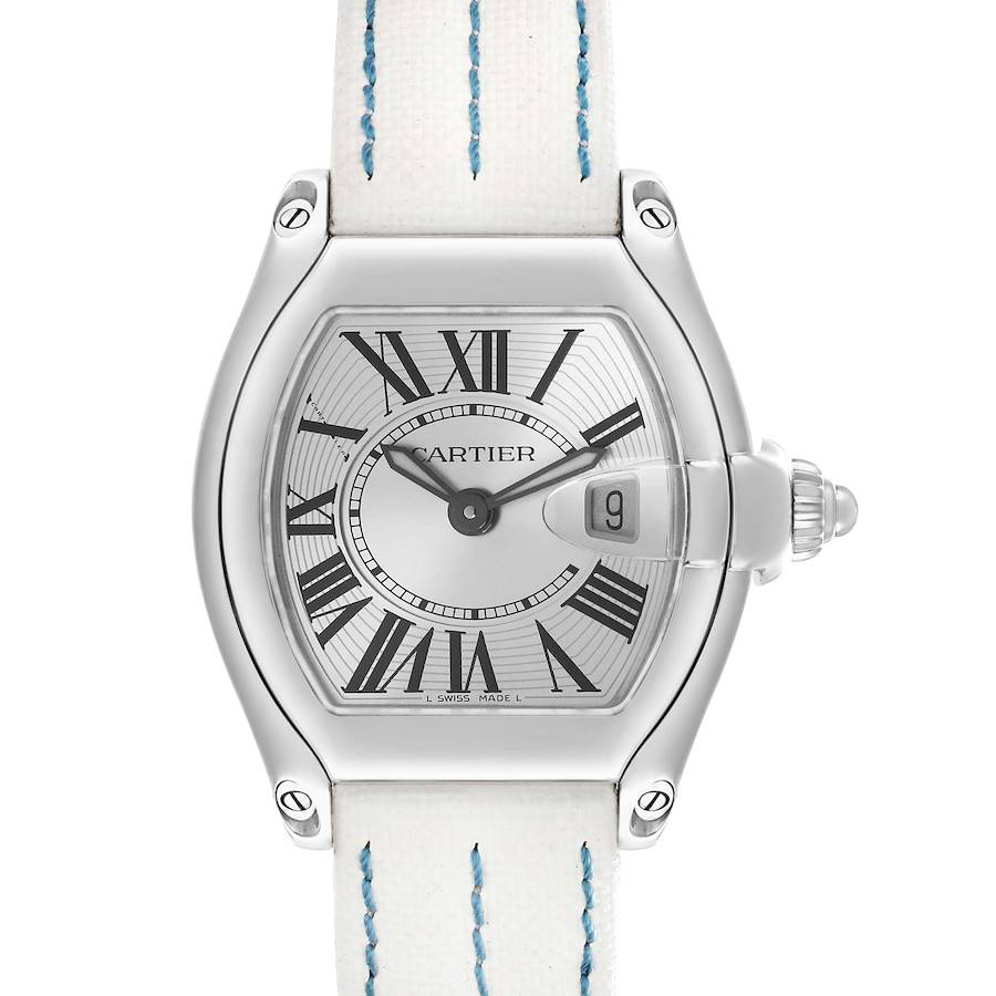 The Cartier Roadster W62016V3 Women's Stainless Steel Silver Dial watch is shown in a front view, highlighting the face, Roman numerals, and crown, with a white strap.
