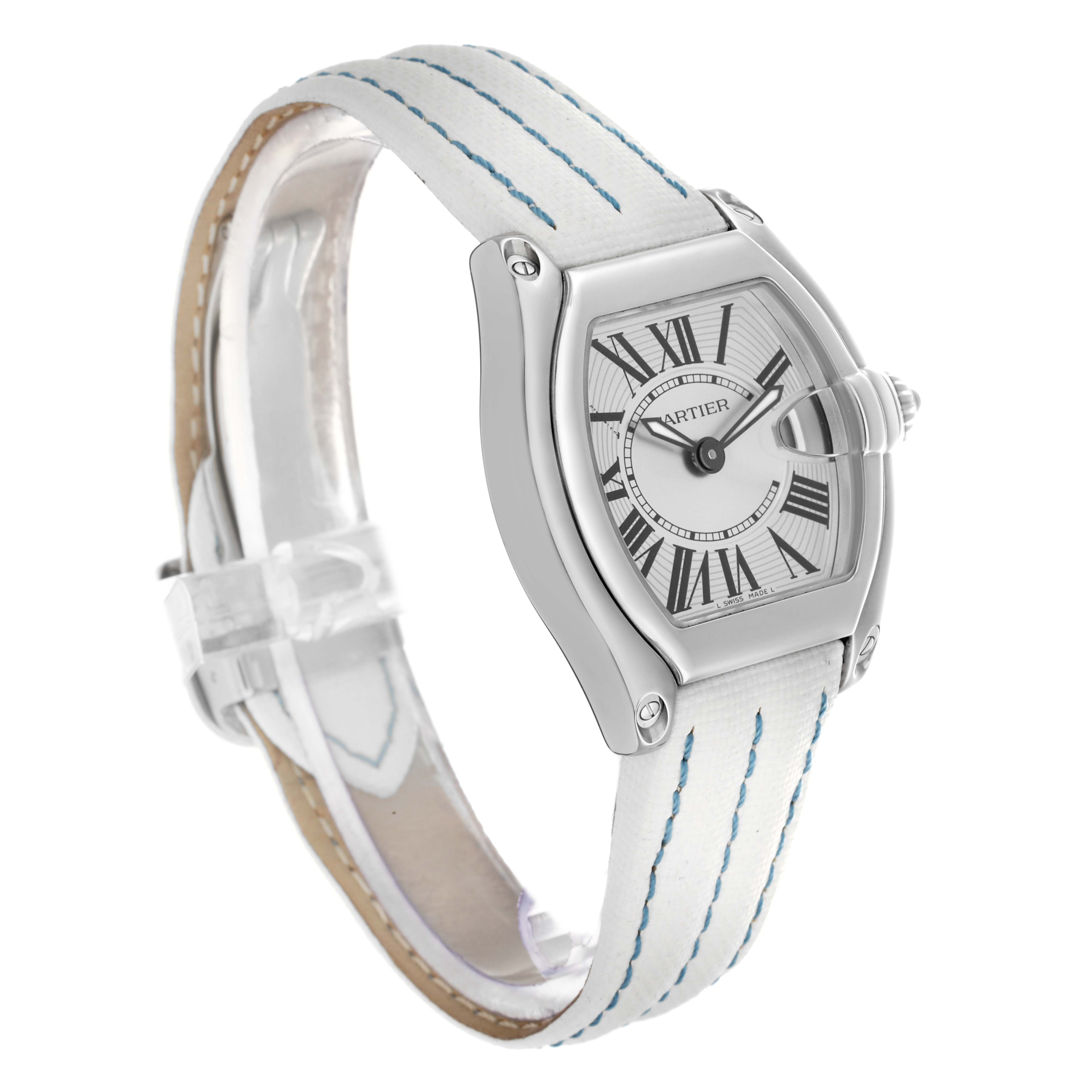 The Cartier Roadster W62016V3 Women
s Stainless Steel Silver Dial watch is shown at a slight side angle, featuring its dial, case, crown, and white strap.