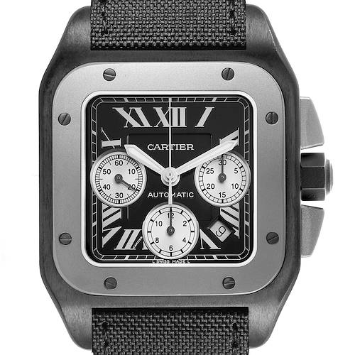 The Cartier Santos W2020005 Men's Titanium Black Dial watch is shown from a front angle, highlighting its square face, Roman numerals, and sub-dials.