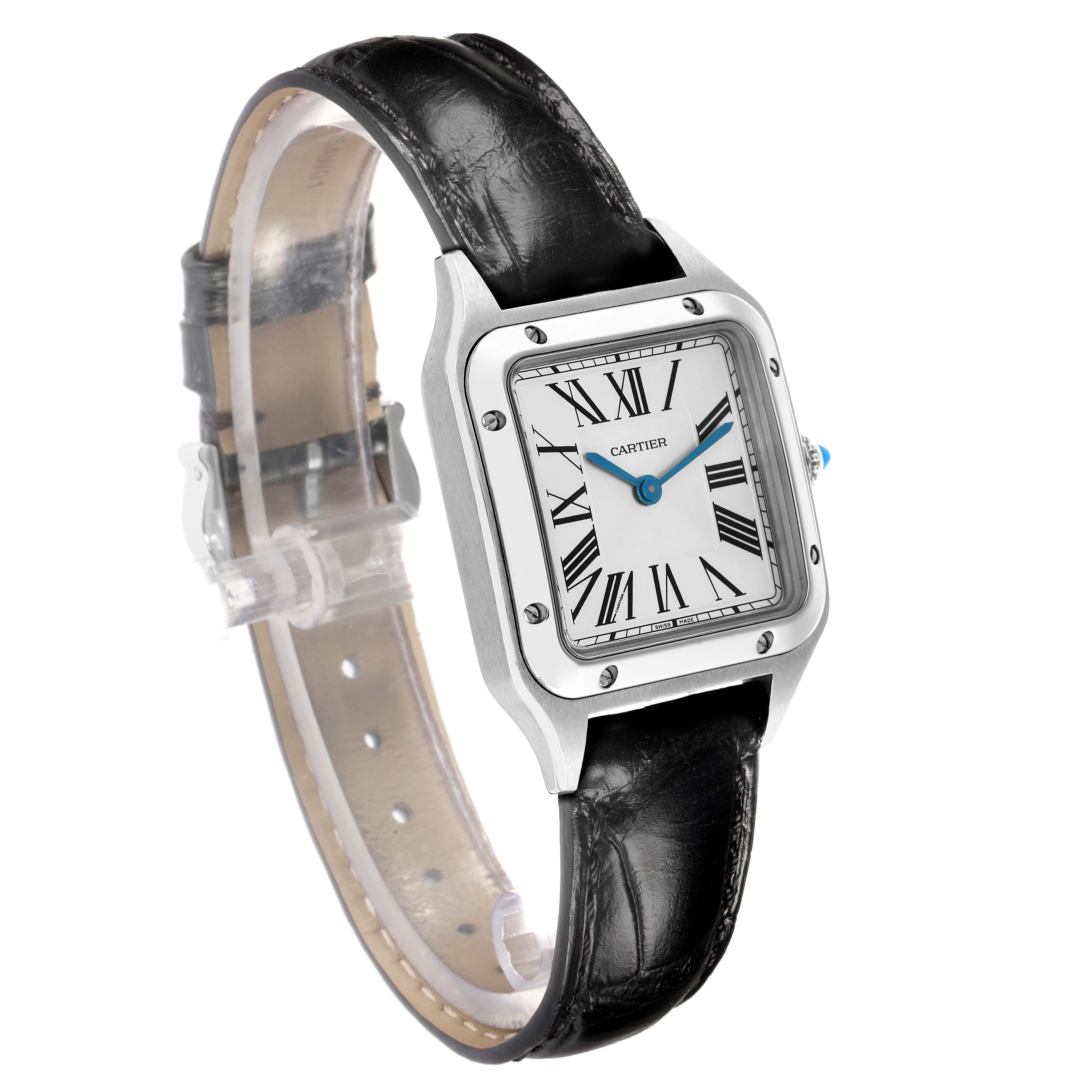 The Cartier Santos WSSA0023 Women's Stainless Steel Silver Dial watch is shown at a slight angle, highlighting the face, bezel, Roman numerals, and leather strap.