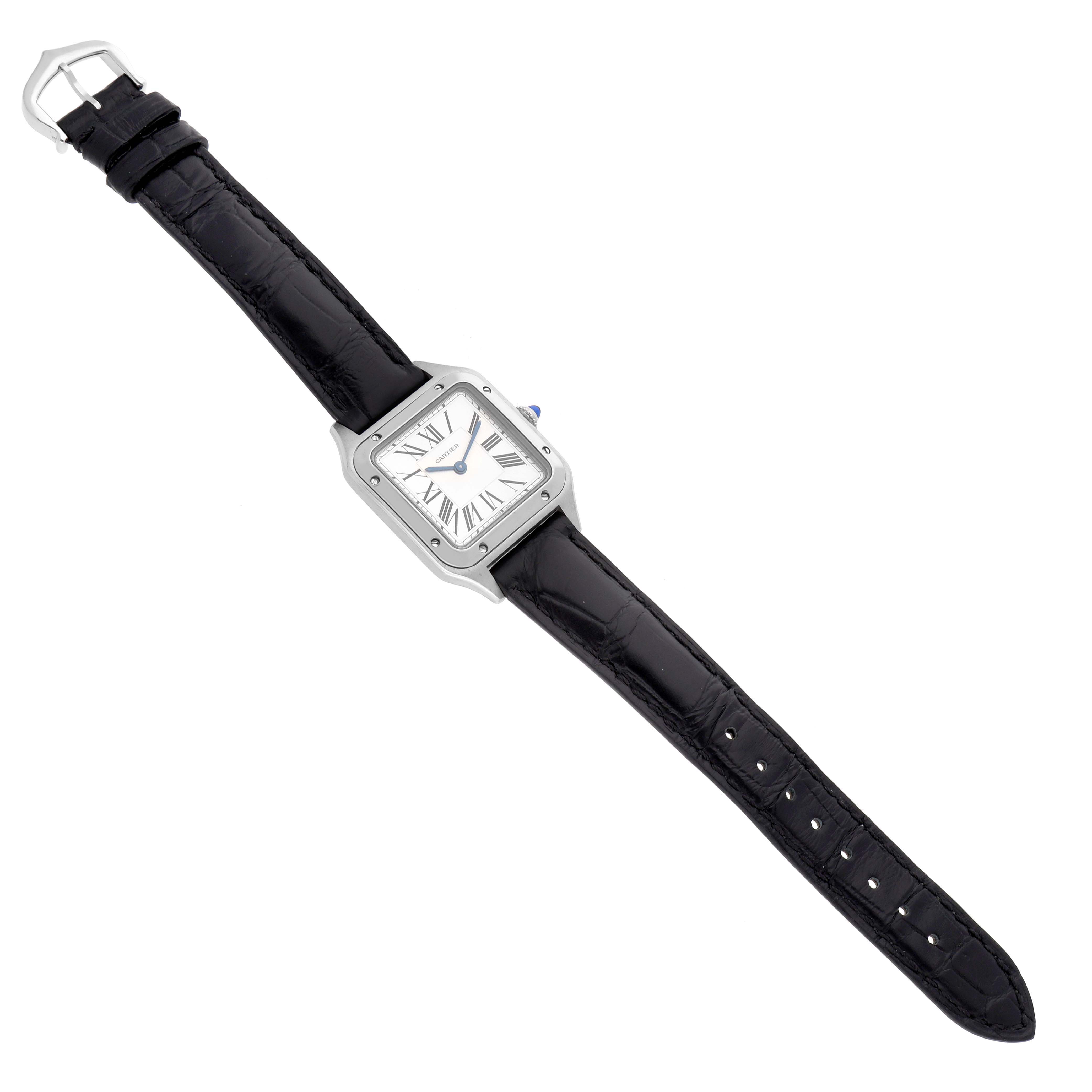 The Cartier Santos WSSA0023 Women's Stainless Steel Silver Dial watch is shown from a top-down angle, highlighting the face, case, leather strap, and buckle.