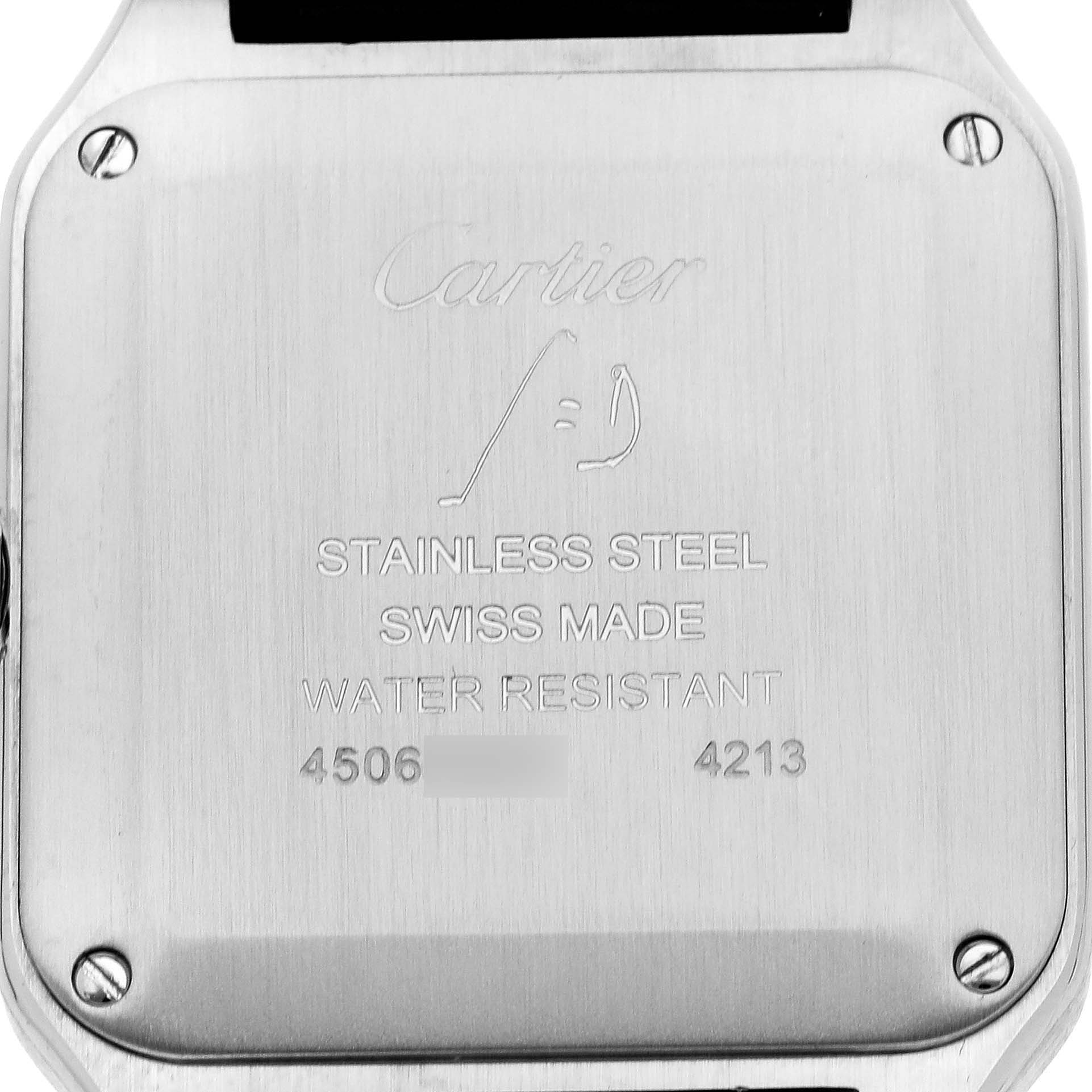 The image shows the back case of a Cartier Santos WSSA0023 Women's Stainless Steel Silver Dial watch, displaying the brand name and specifications.