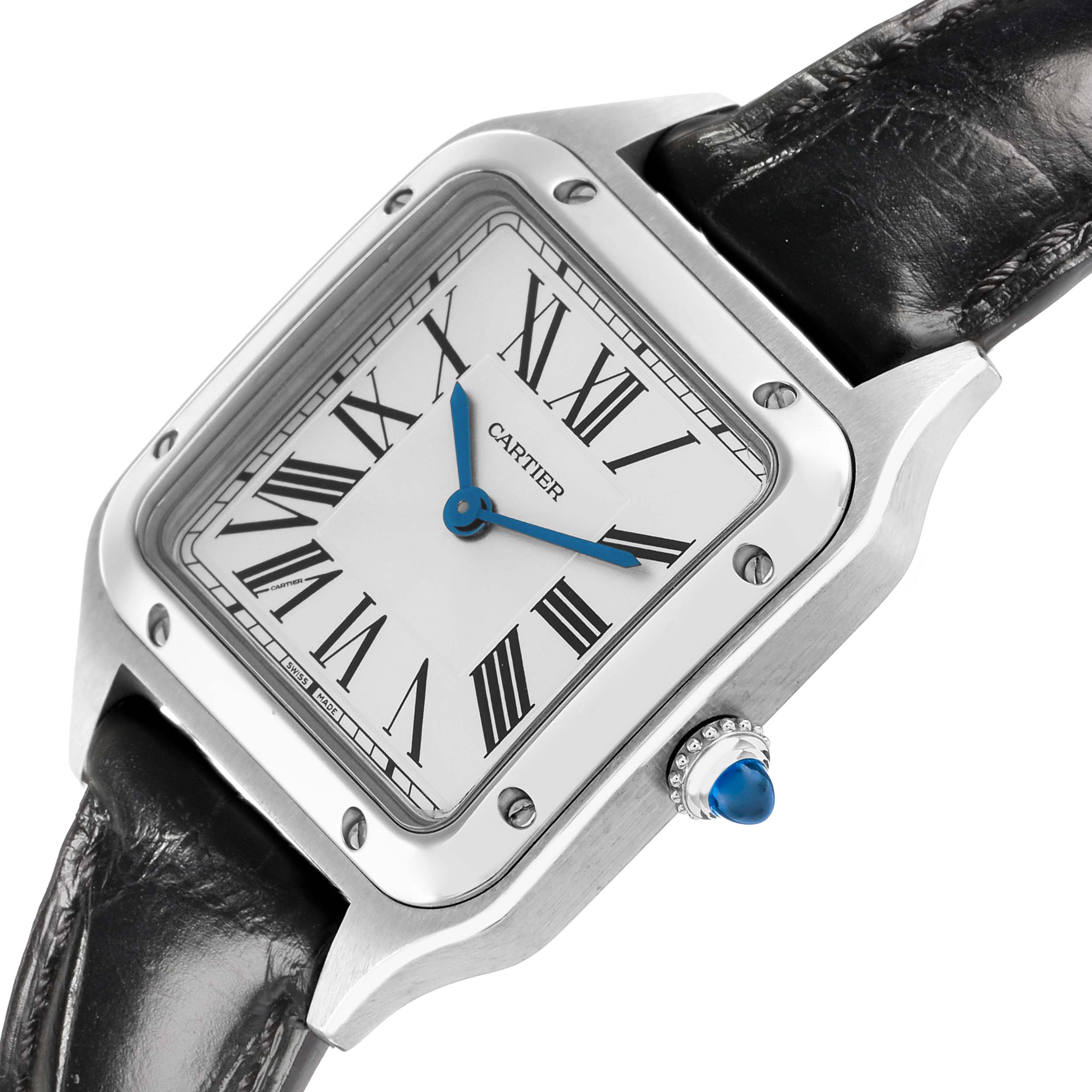 The Cartier Santos WSSA0023 Women's Stainless Steel Silver Dial watch is shown at a slight angle, highlighting the dial, bezel, crown, and black leather strap.