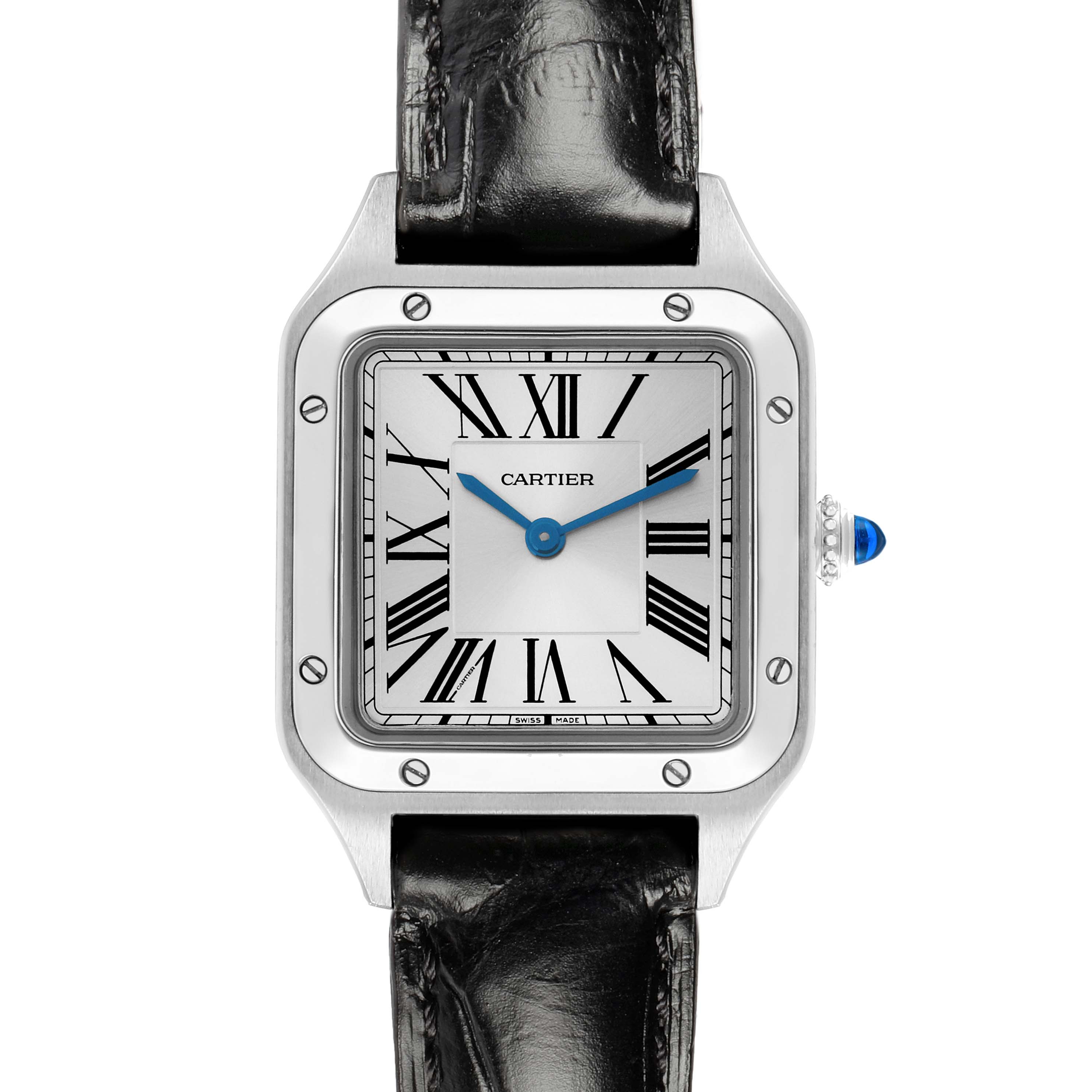 The Cartier Santos WSSA0023 Women's Stainless Steel Silver Dial watch is shown from the front, highlighting its square face, Roman numerals, and black leather strap.