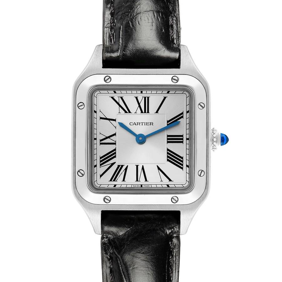 The Cartier Santos WSSA0023 Women's Stainless Steel Silver Dial watch is shown from the front, highlighting its square face, Roman numerals, and black leather strap.