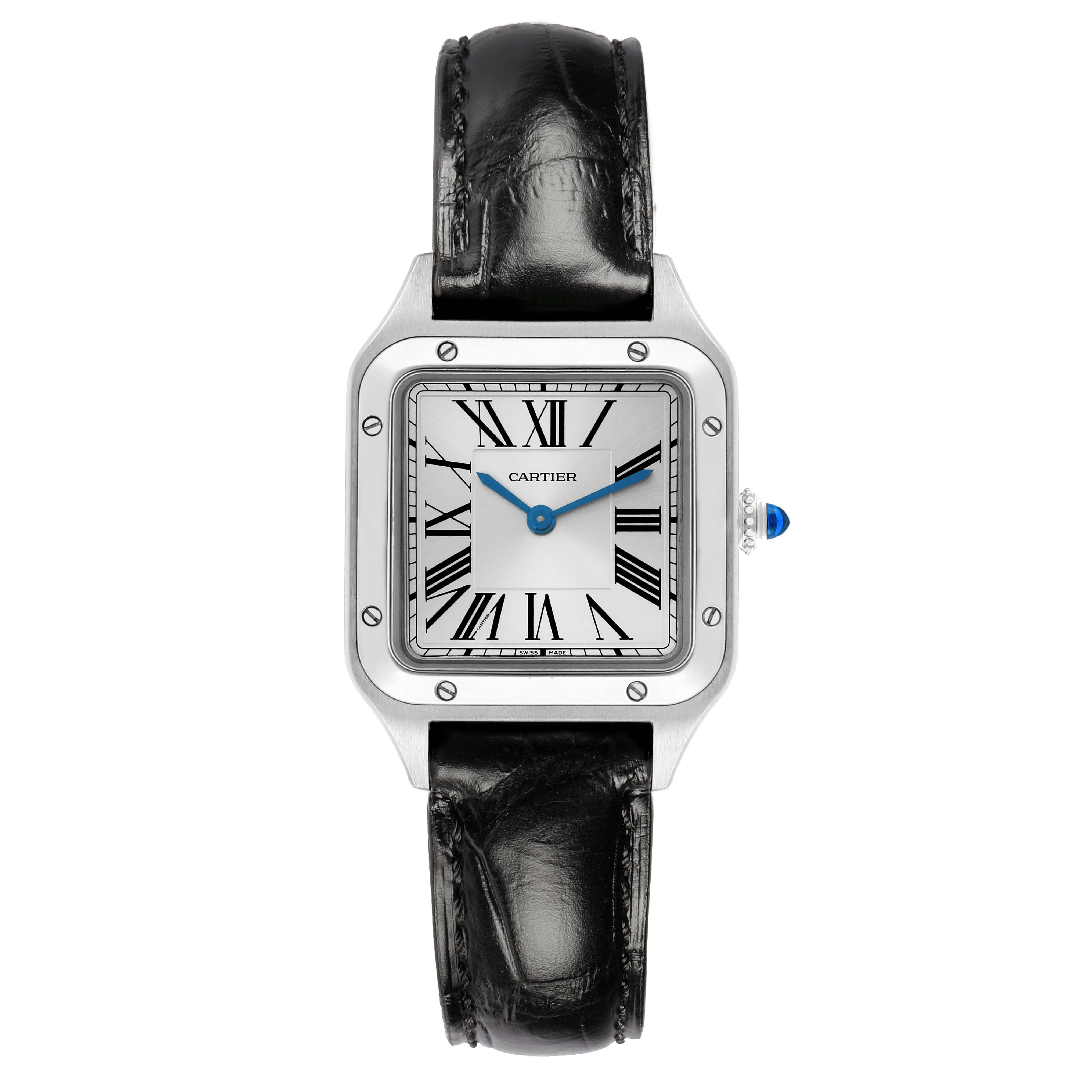 The Cartier Santos WSSA0023 Women's Stainless Steel Silver Dial watch is shown from a front angle with a black strap, square face, Roman numerals, and blue hands.