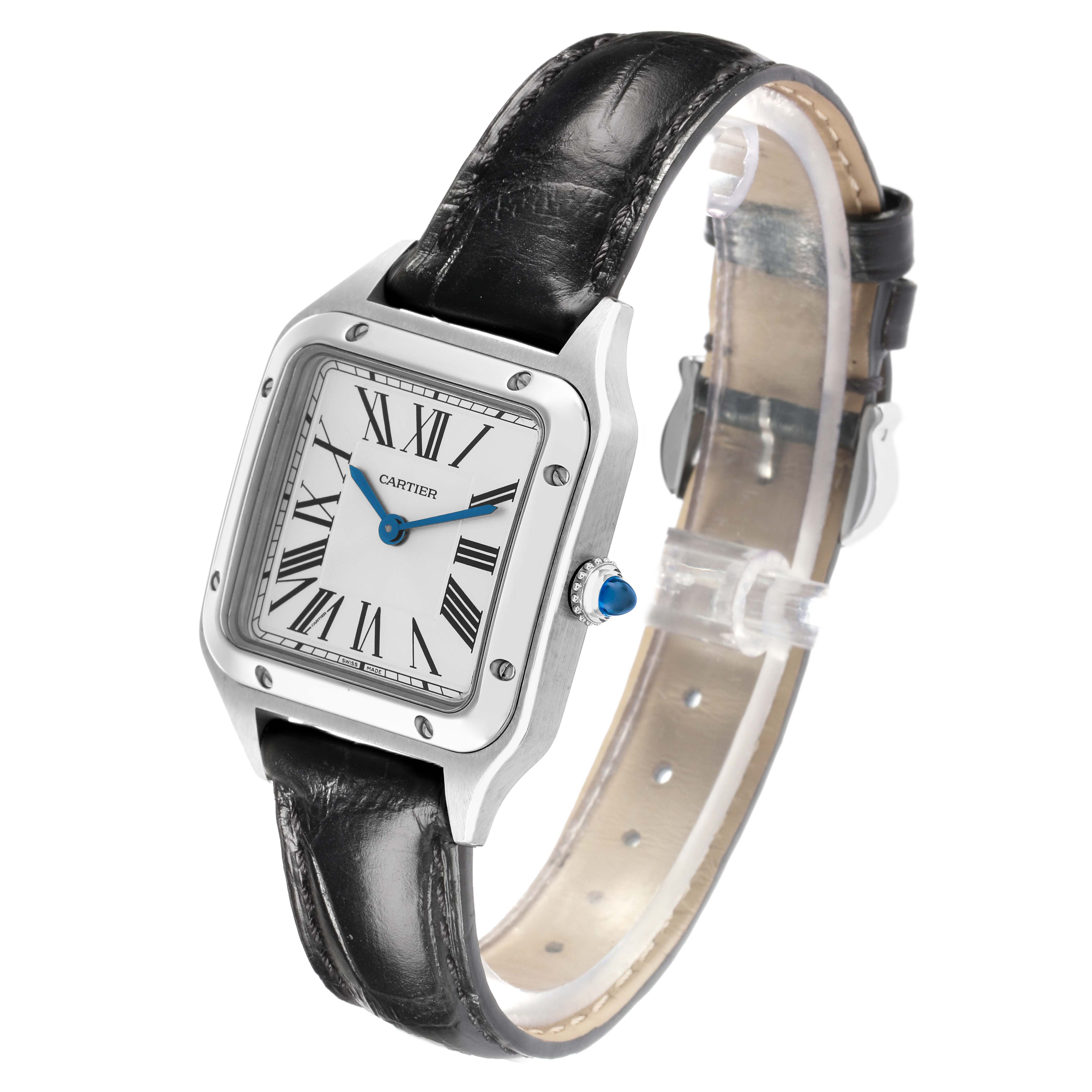 The Cartier Santos WSSA0023 Women's Stainless Steel Silver Dial watch is shown at a 3/4 angle, highlighting the face, bezel, crown, and leather strap.