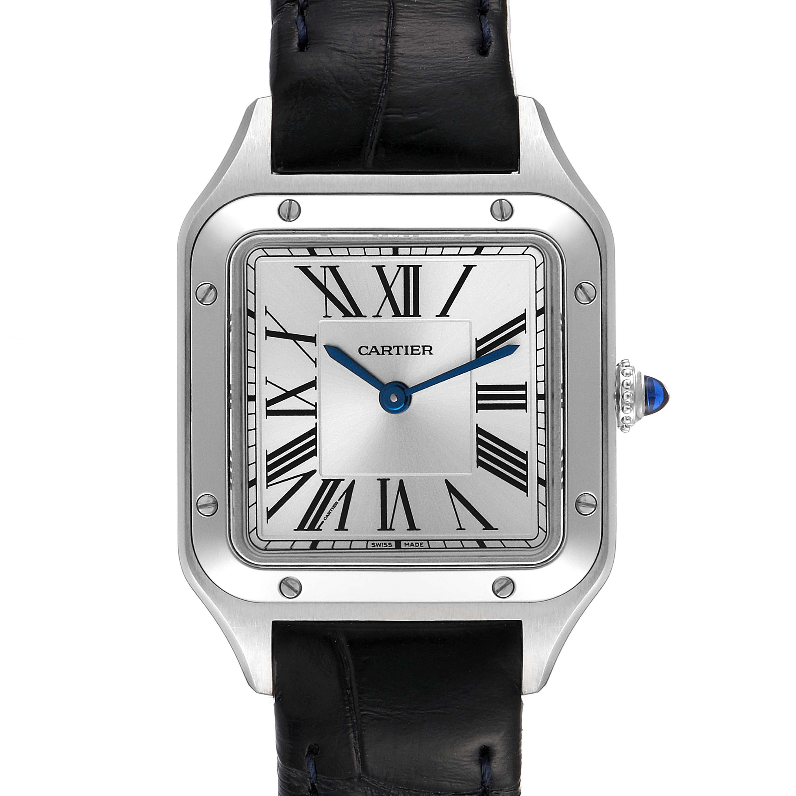 This image shows a close-up front view of the Santos watch by Cartier, featuring its dial with Roman numerals and black leather strap.