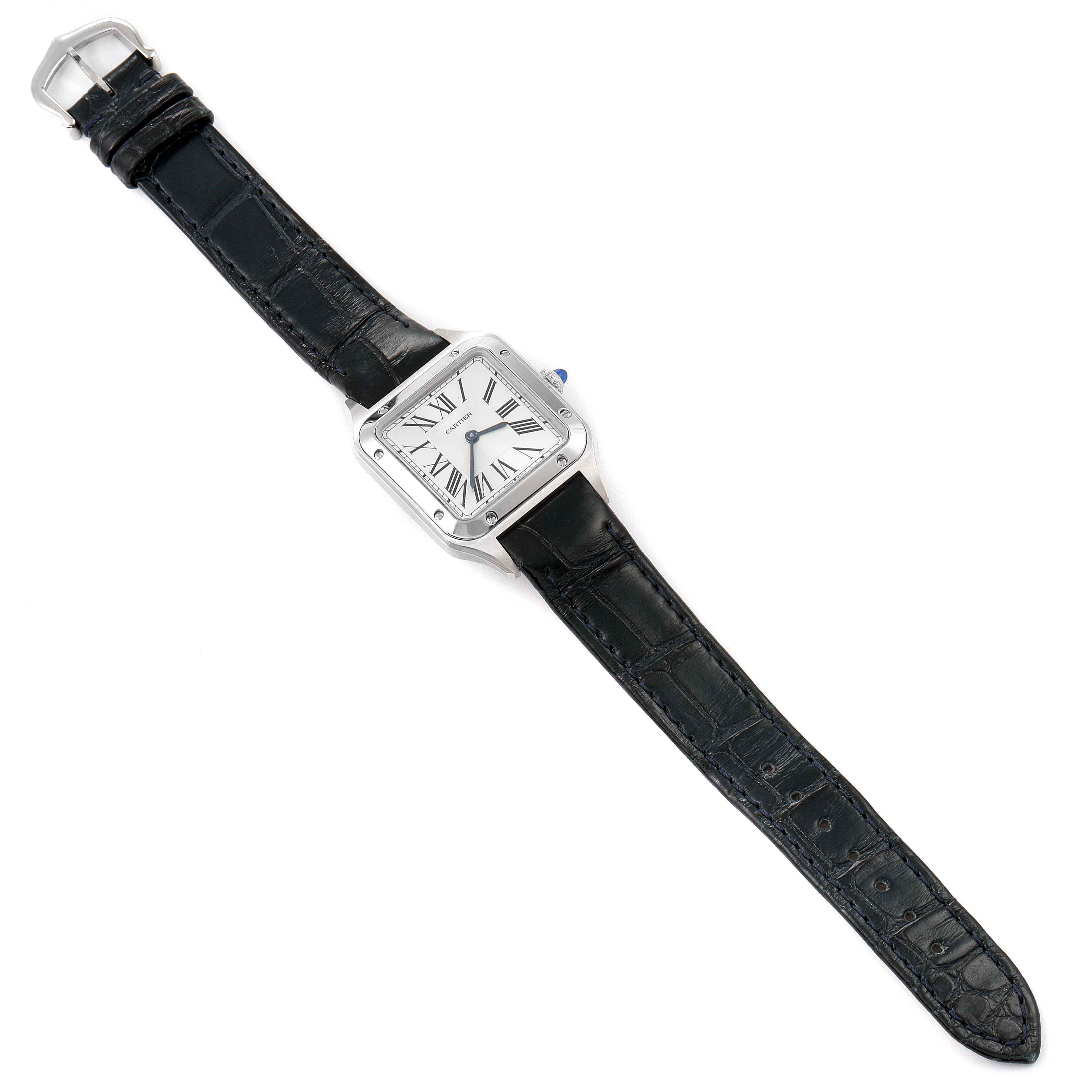 The Cartier Santos WSSA0023 Women's Stainless Steel Silver Dial WSSA0023 Women's Stainless Steel Silver Dial watch is shown from a top-down angle, displaying its square face and black leather strap.
