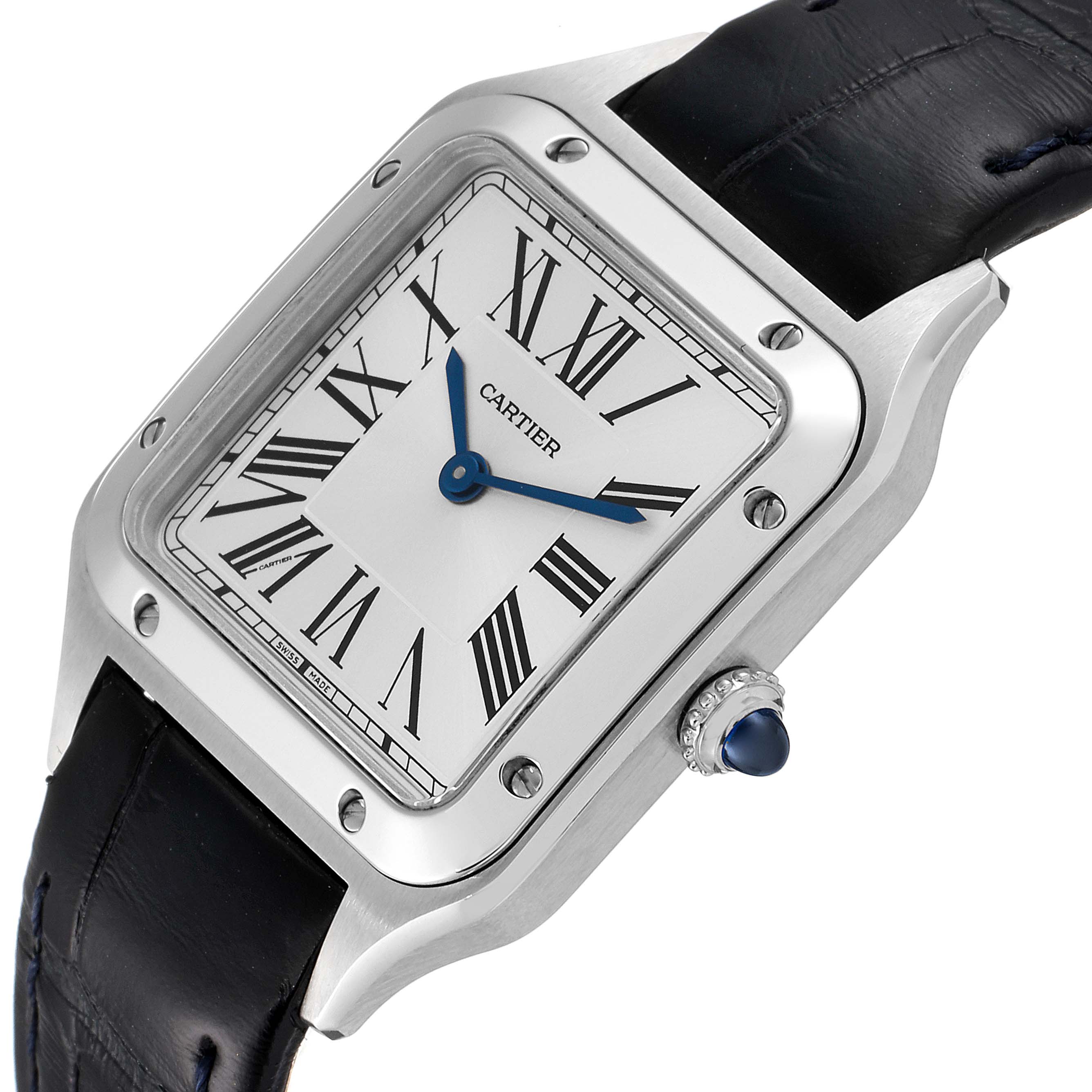 The image shows a close-up view of the Cartier Santos WSSA0023 Women's Stainless Steel Silver Dial WSSA0023 Women's Stainless Steel Silver Dial model watch, highlighting the face, bezel, crown, and leather strap.
