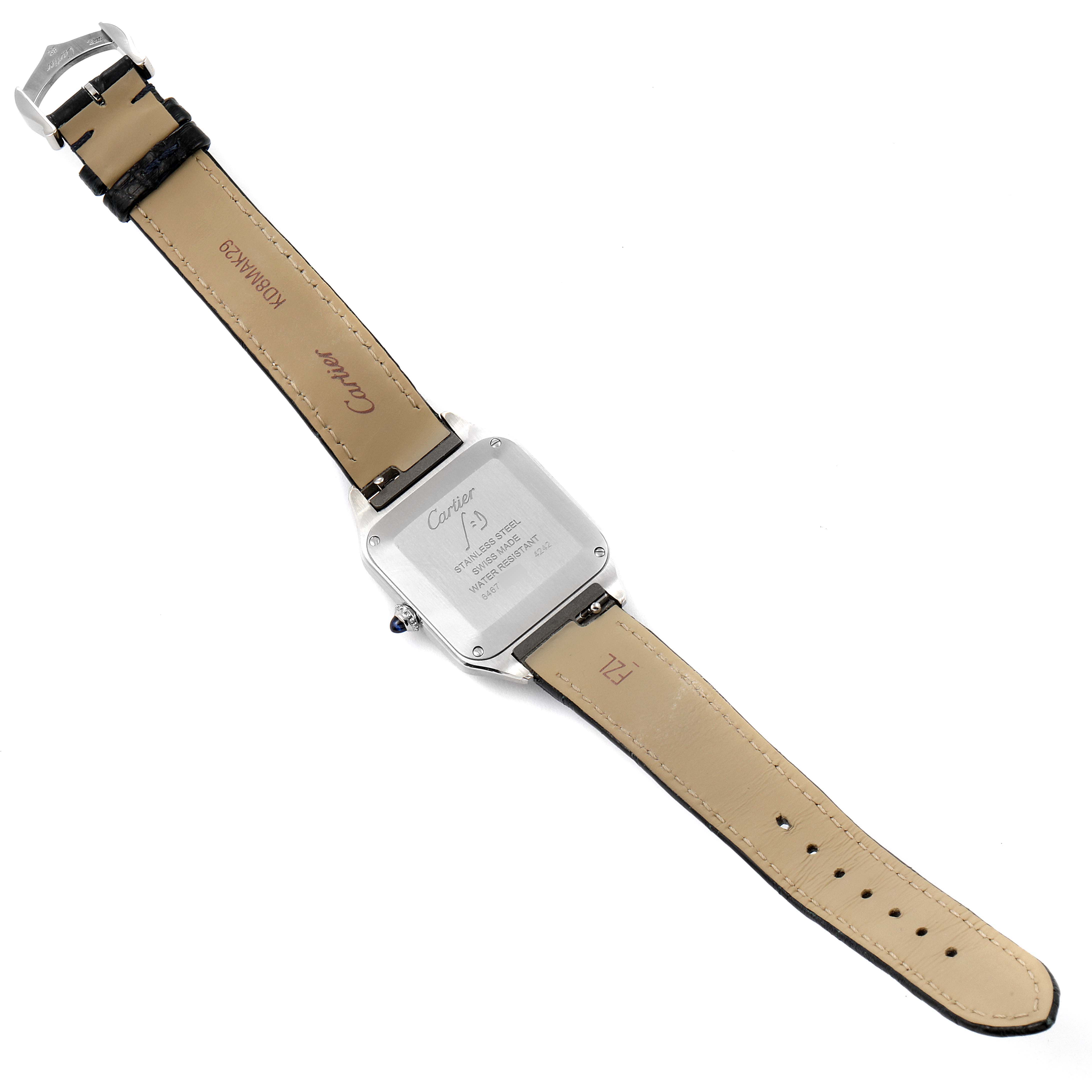 This image shows the back view of a Santos model by Cartier with the straps fully extended, highlighting the case back details.