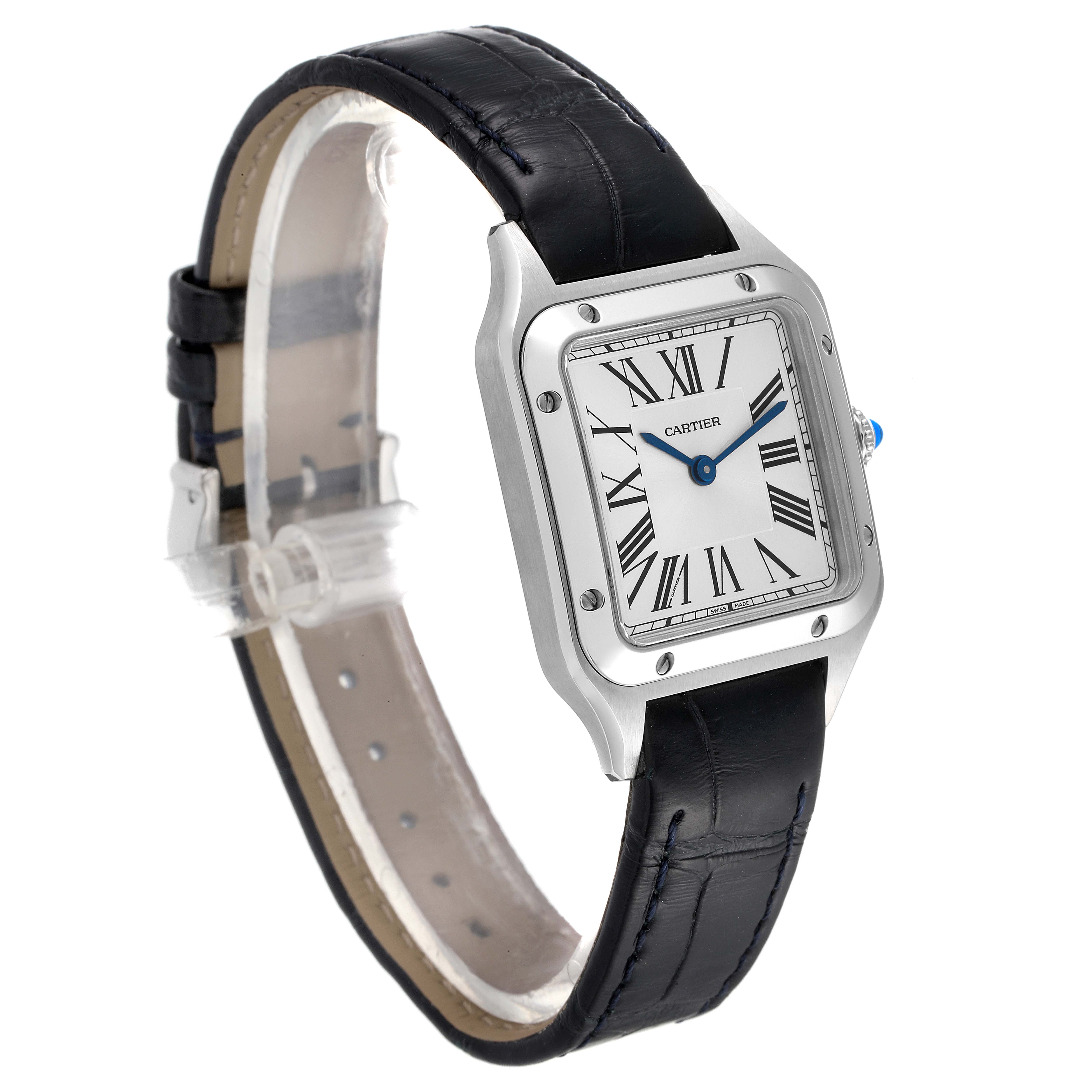 The image shows an angled view of a Cartier Santos WSSA0023 Women's Stainless Steel Silver Dial WSSA0023 Women's Stainless Steel Silver Dial watch, highlighting the black leather strap and rectangular face with Roman numerals.