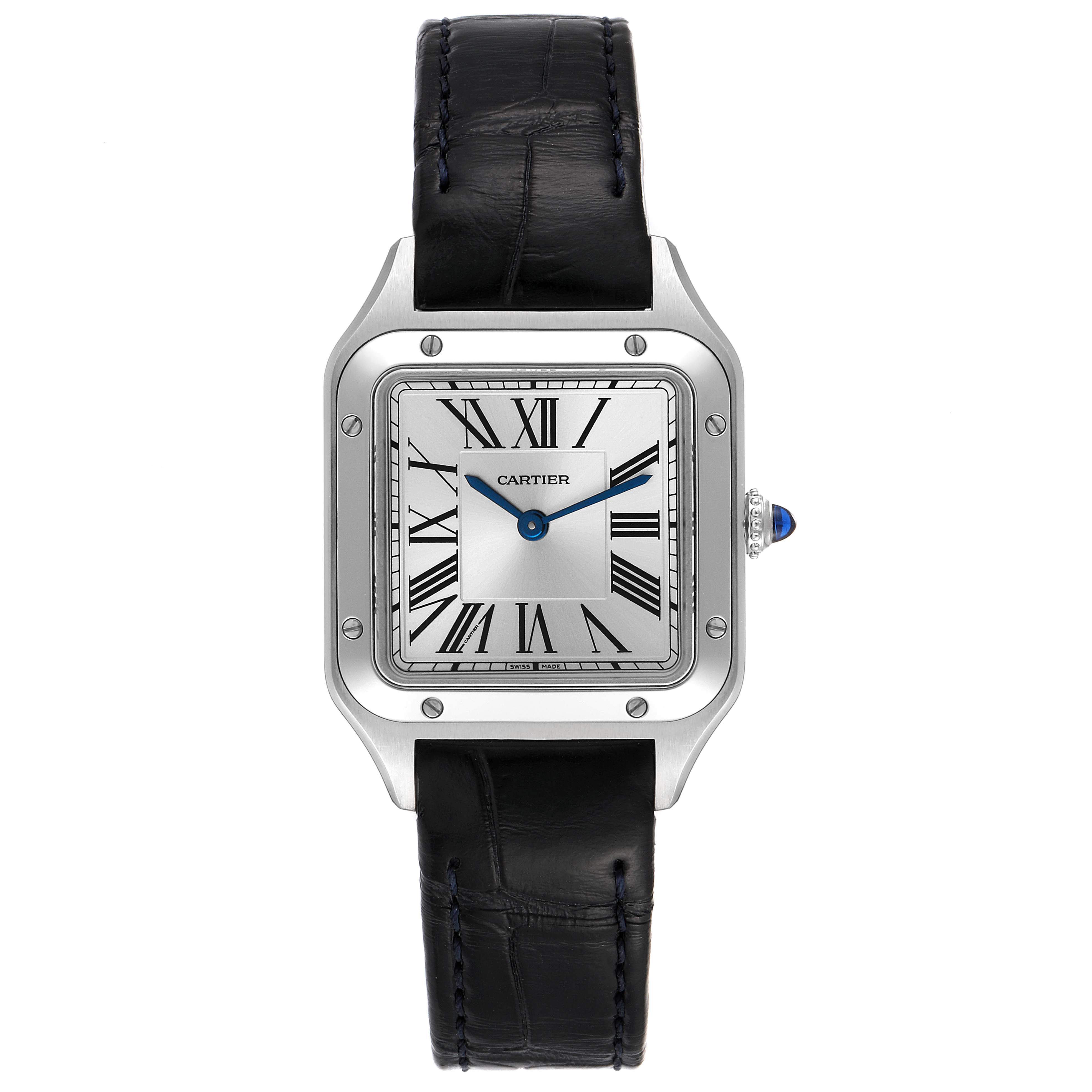 This is a front view of a Cartier Santos WSSA0023 Women's Stainless Steel Silver Dial WSSA0023 Women's Stainless Steel Silver Dial model watch displaying its face, case, and leather strap.