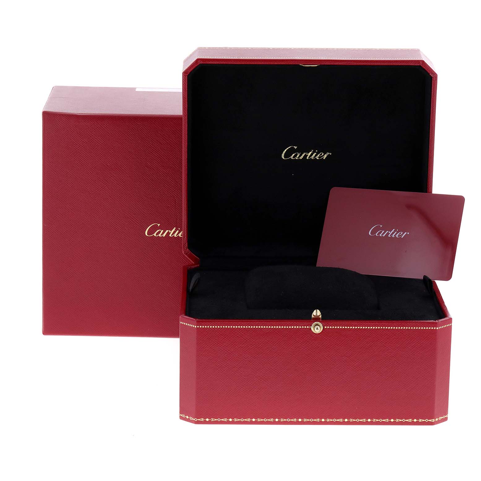 The image shows the red presentation box of a Cartier Santos WSSA0023 Women's Stainless Steel Silver Dial WSSA0023 Women's Stainless Steel Silver Dial watch, with an open lid and accompanying card.