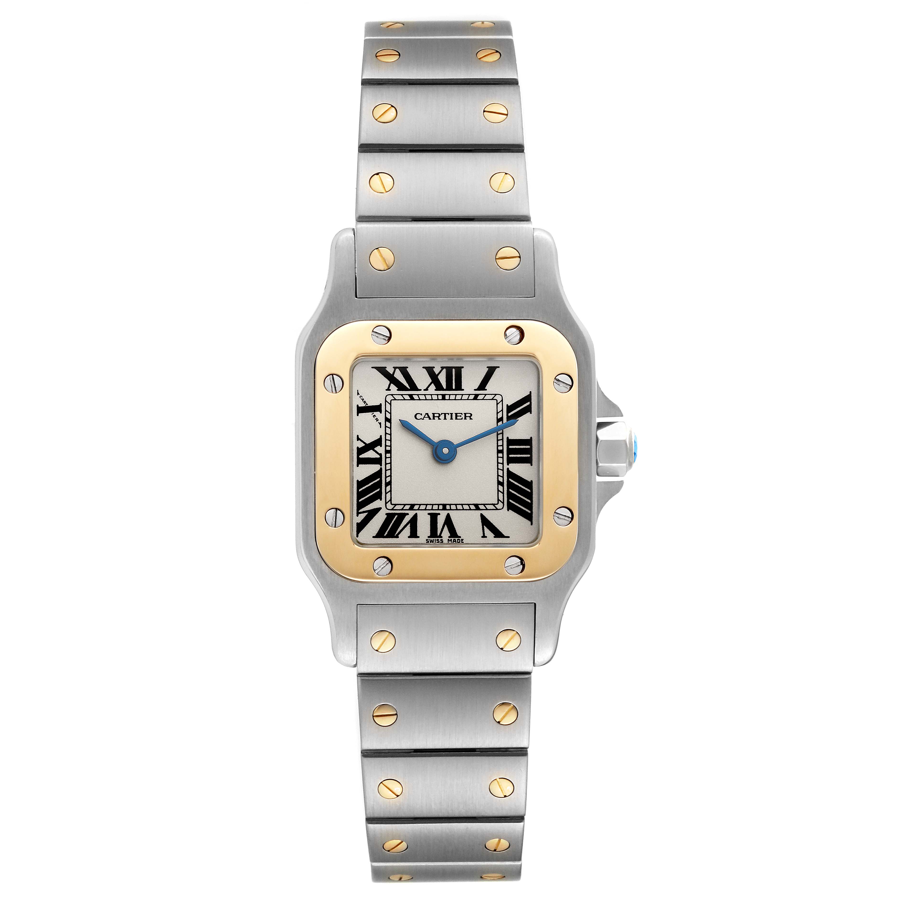 The image shows a front view of a Cartier Santos W20012C4 Women's Steel and Gold (two tone) Silver Dial W20012C4 Women's Steel and Gold (two tone) Silver Dial watch, featuring a silver and gold square face with Roman numerals and a metal bracelet.