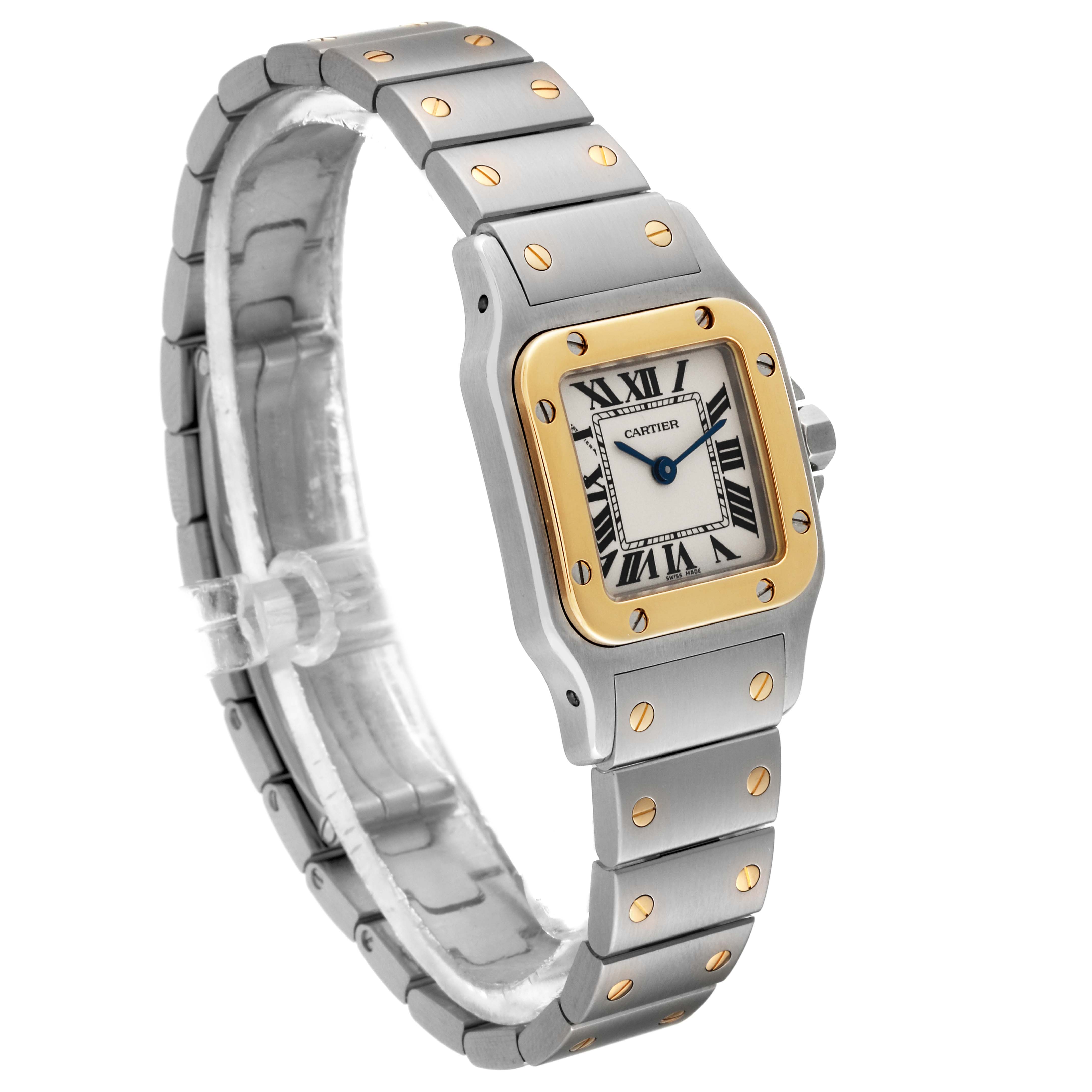 The Cartier Santos W20012C4 Women's Steel and Gold (two tone) Silver Dial W20012C4 Women's Steel and Gold (two tone) Silver Dial watch is shown from a front-side angle displaying its face and bracelet.
