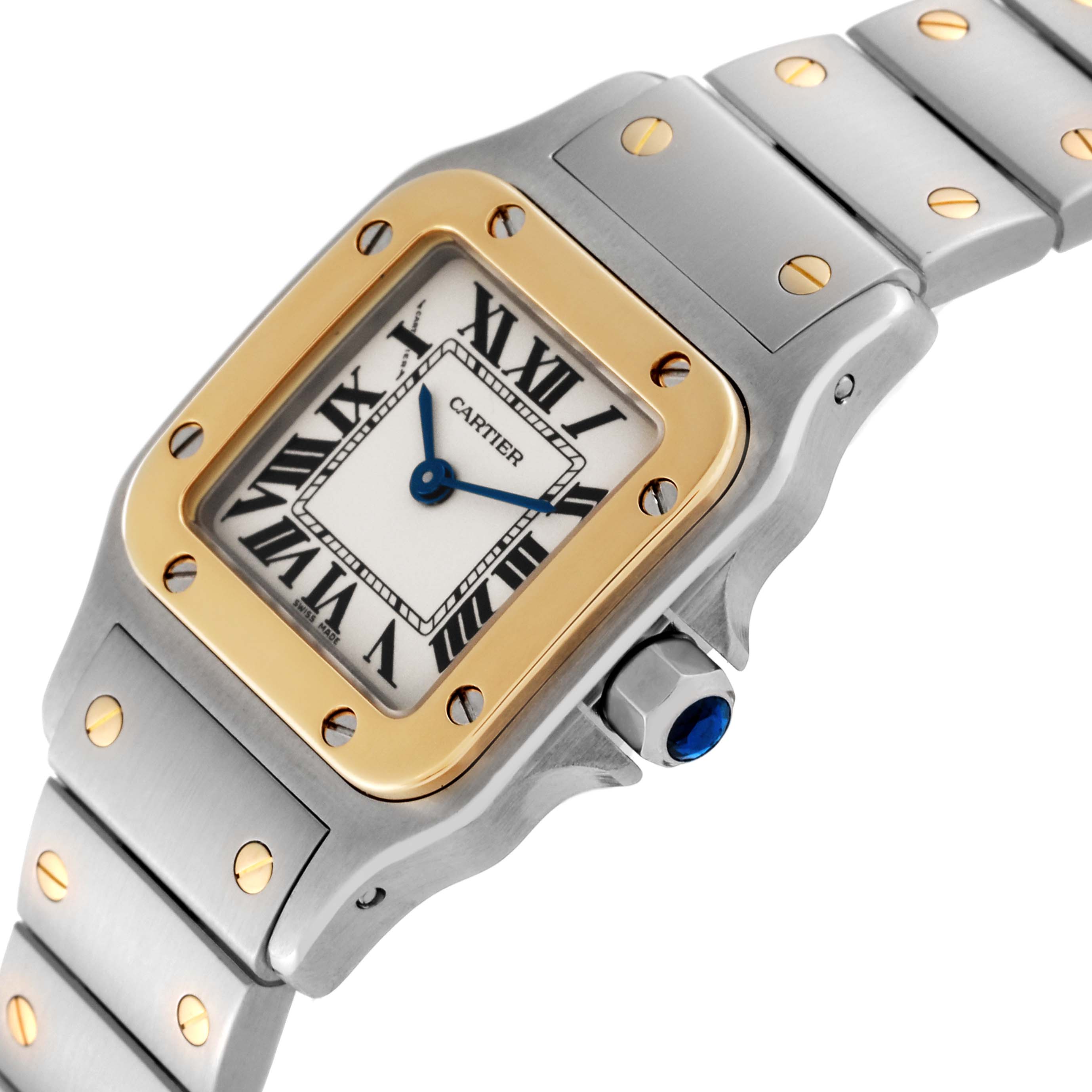 The image shows the dial, bezel, crown, and part of the bracelet of a Cartier Santos W20012C4 Women's Steel and Gold (two tone) Silver Dial W20012C4 Women's Steel and Gold (two tone) Silver Dial watch at an angled view.