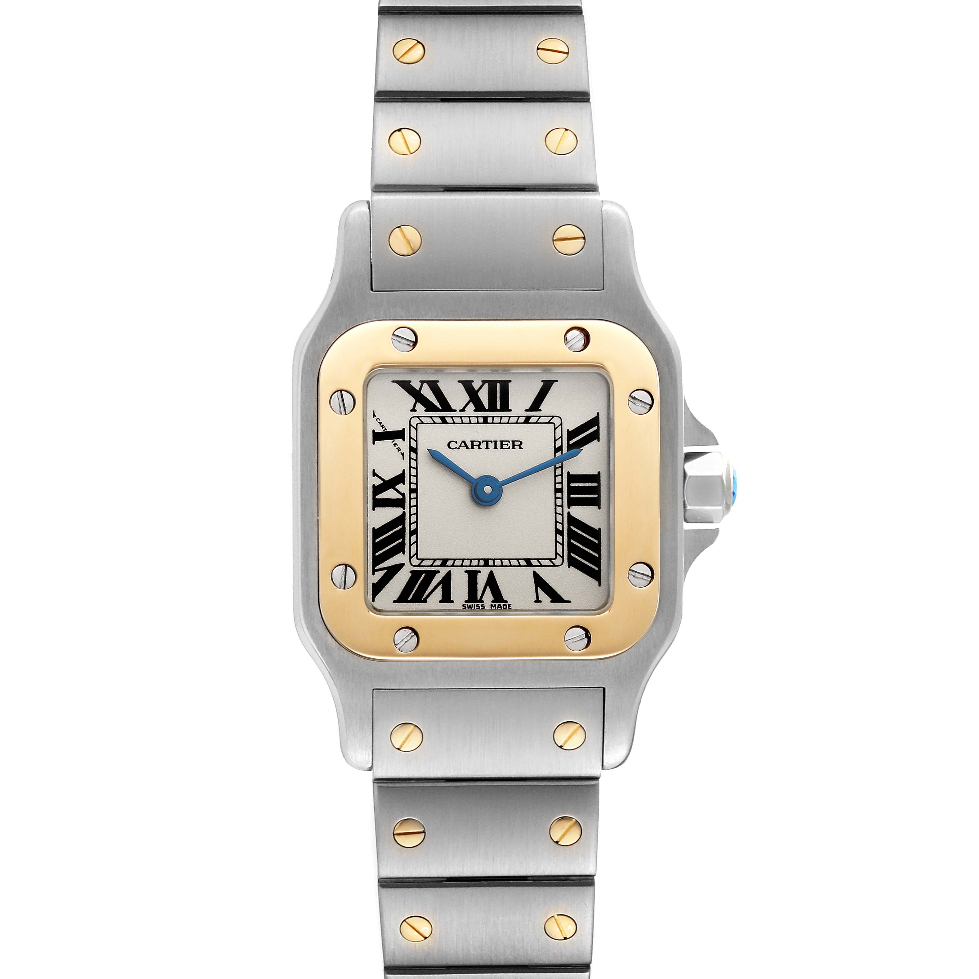 The image shows a front view of the Cartier Santos W20012C4 Women's Steel and Gold (two tone) Silver Dial W20012C4 Women's Steel and Gold (two tone) Silver Dial model watch, highlighting its dial, bezel, and bracelet.
