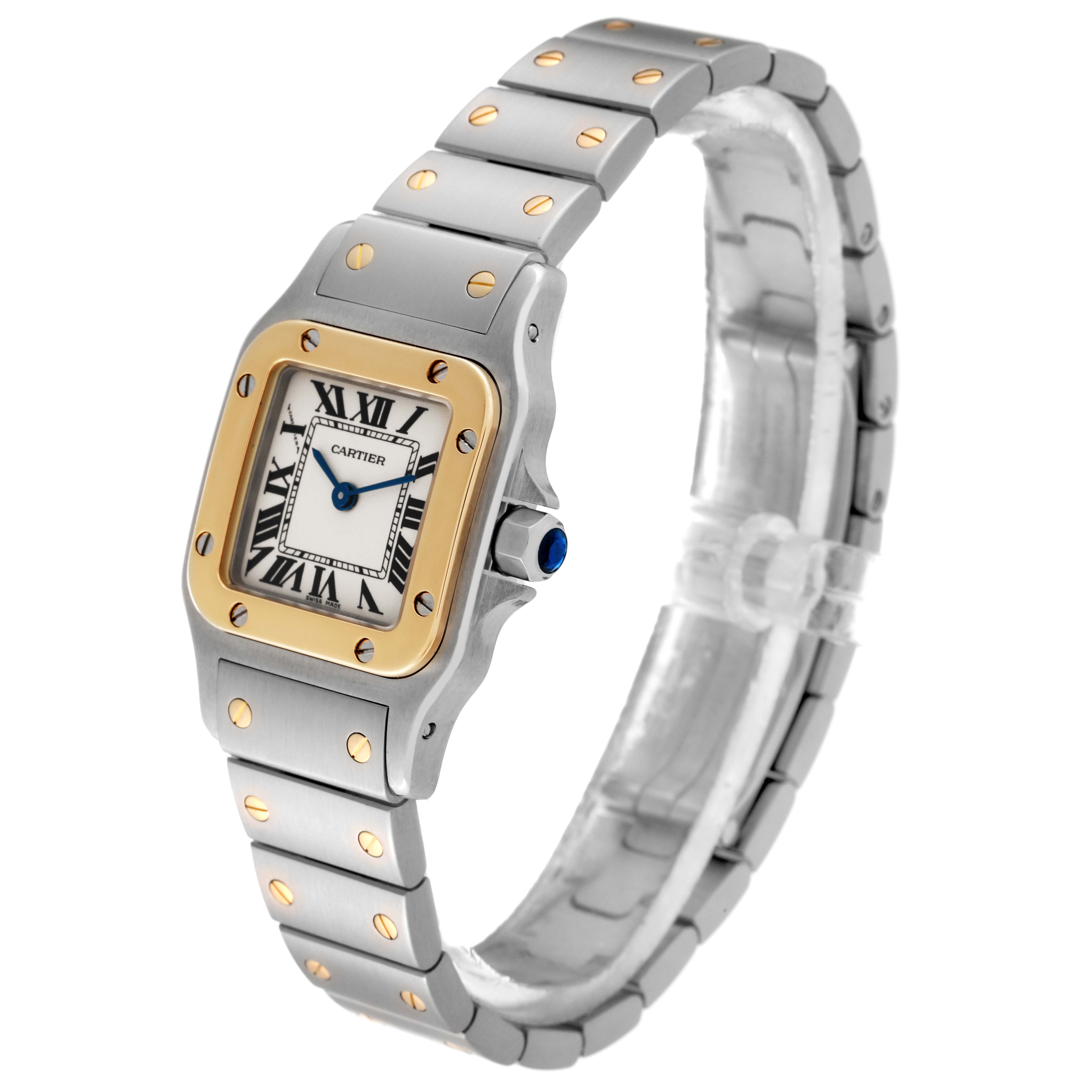 The Cartier Santos W20012C4 Women's Steel and Gold (two tone) Silver Dial W20012C4 Women's Steel and Gold (two tone) Silver Dial watch is shown at a slight angle, displaying the face, bezel, and a portion of the bracelet.
