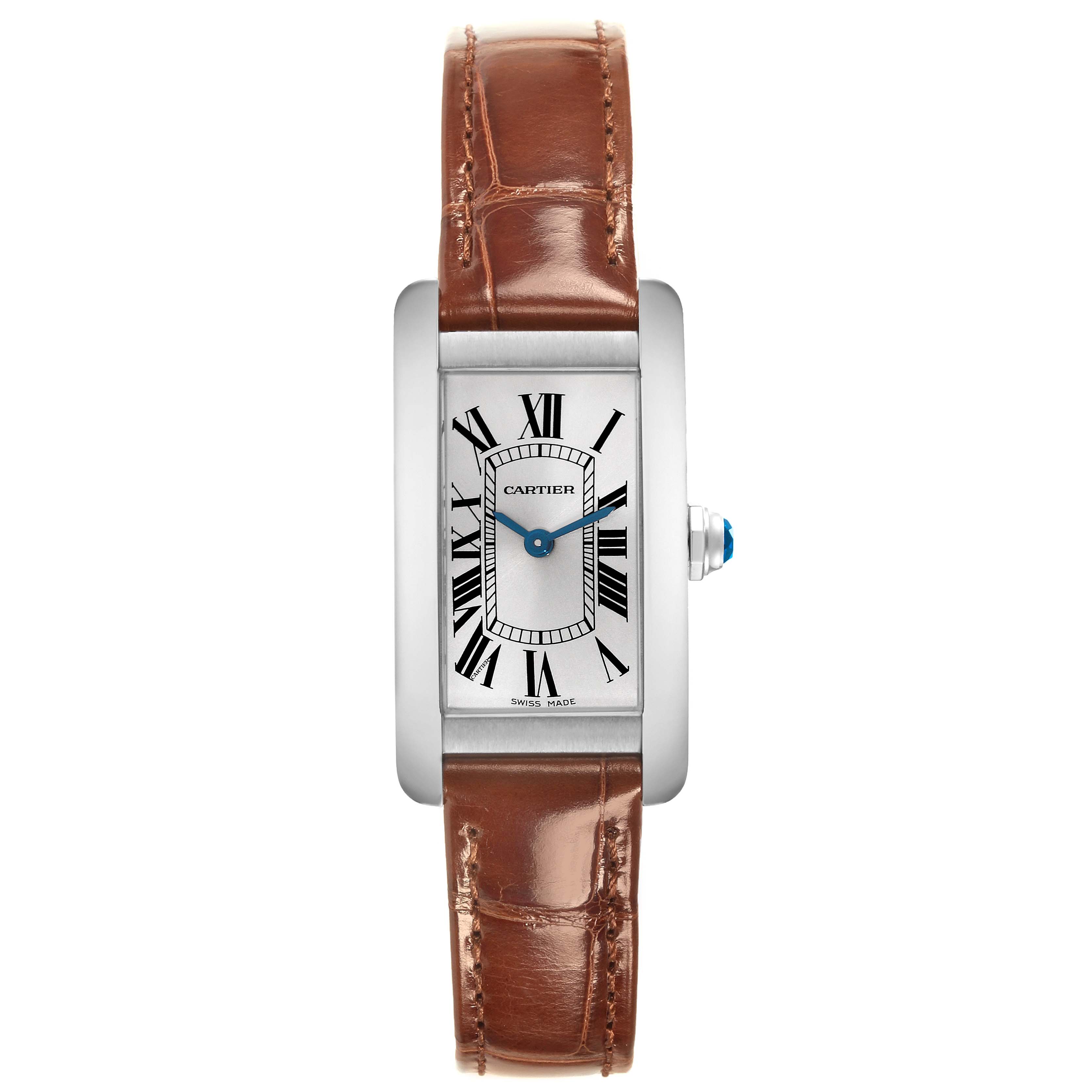 The image shows a Cartier Tank Americaine WSTA0016 Women's Stainless Steel Silver Dial WSTA0016 Women's Stainless Steel Silver Dial watch from a top-down angle, displaying the face, case, and brown leather strap.