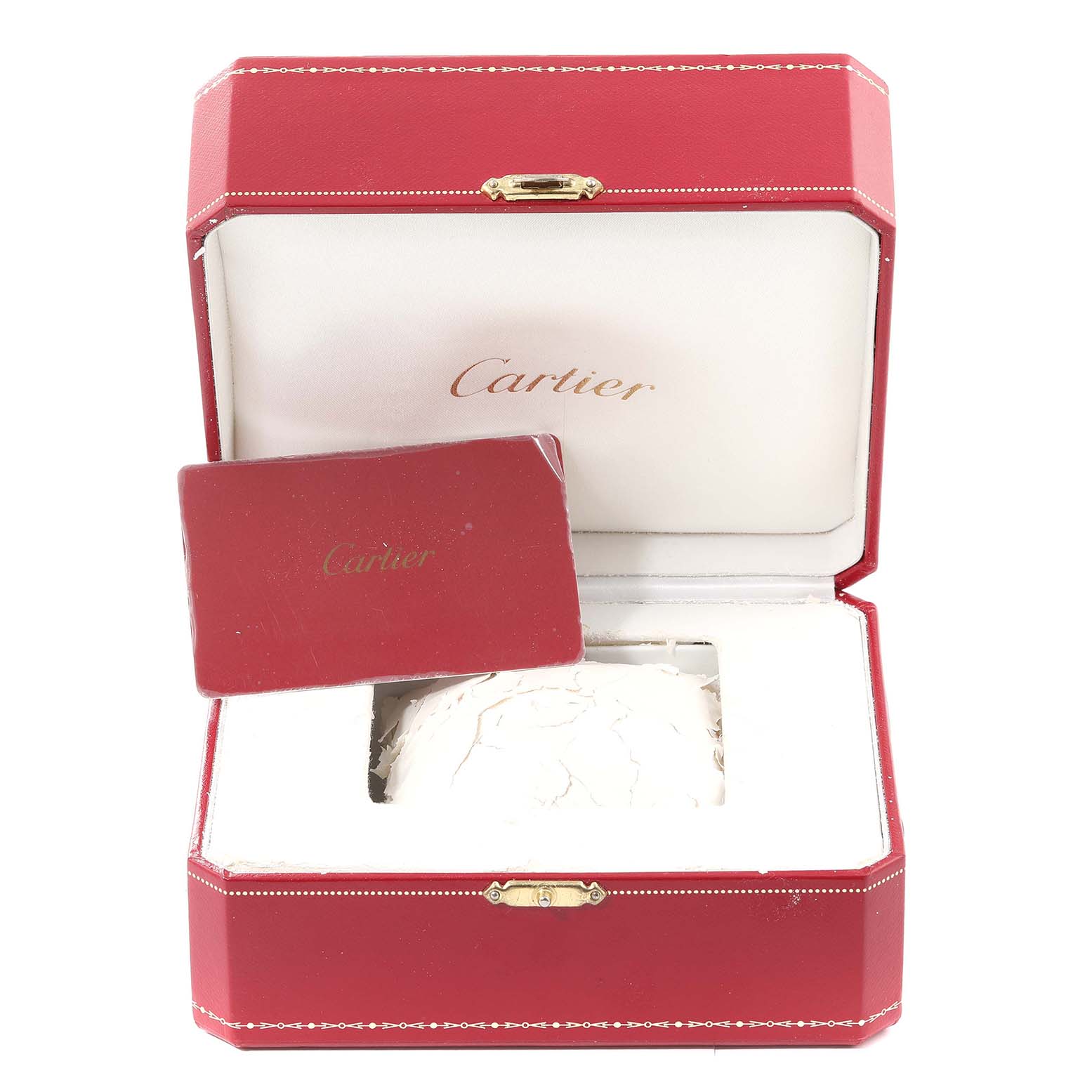 The image shows the open red Cartier box and card for the Tank Americaine model watch, with the watch itself obscured.