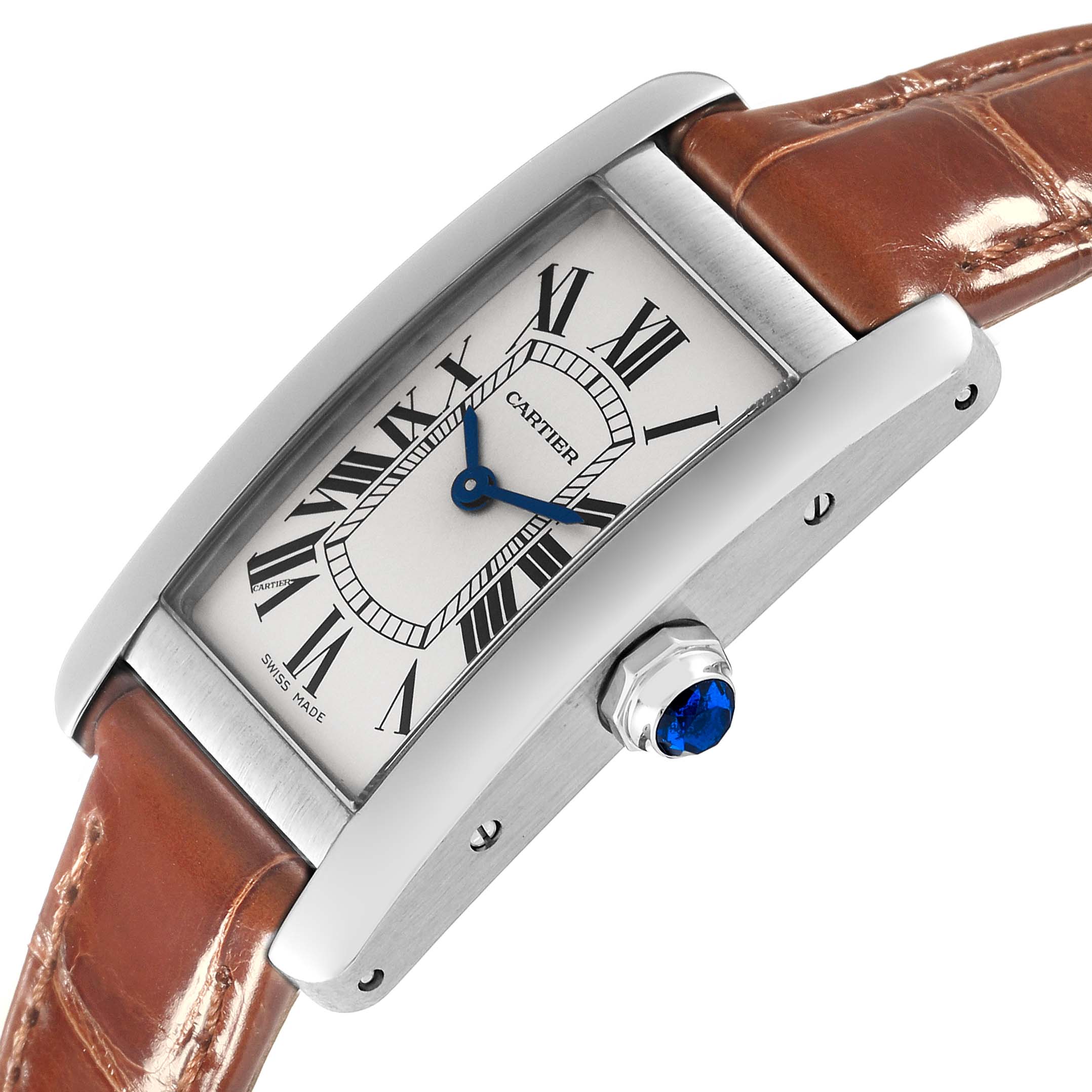The image shows a side angle of the Cartier Tank Américaine watch, highlighting the face, crown, and part of the leather strap.