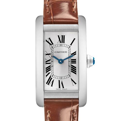 The image shows a front view of the Cartier Tank Americaine watch, focusing on the dial, case, and brown leather strap.