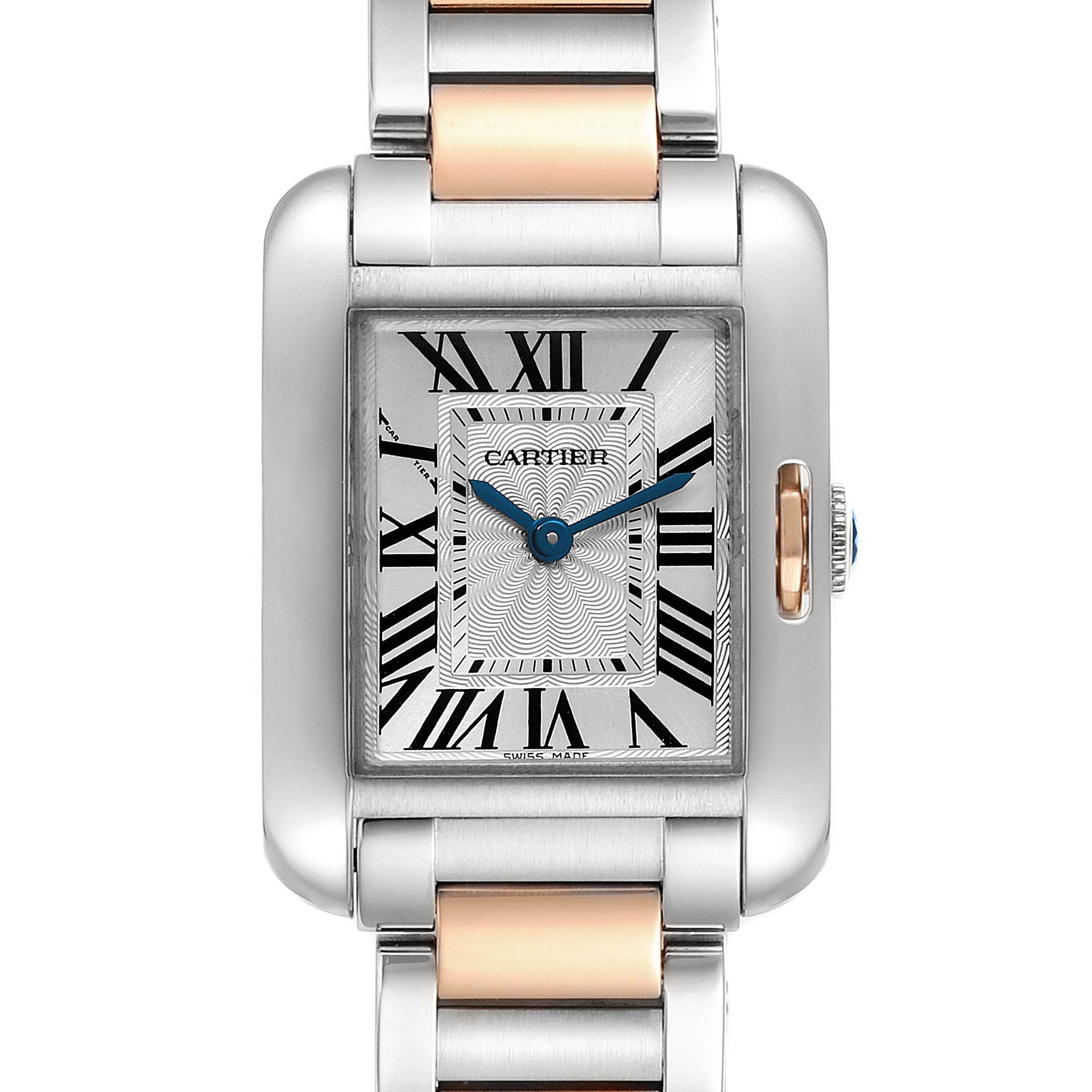 This is a close-up view of the dial and bracelet of the Cartier Tank Anglaise W5310019 Women's Steel and Gold (two tone) Silver Dial W5310019 Women's Steel and Gold (two tone) Silver Dial watch showing its face and part of the strap.