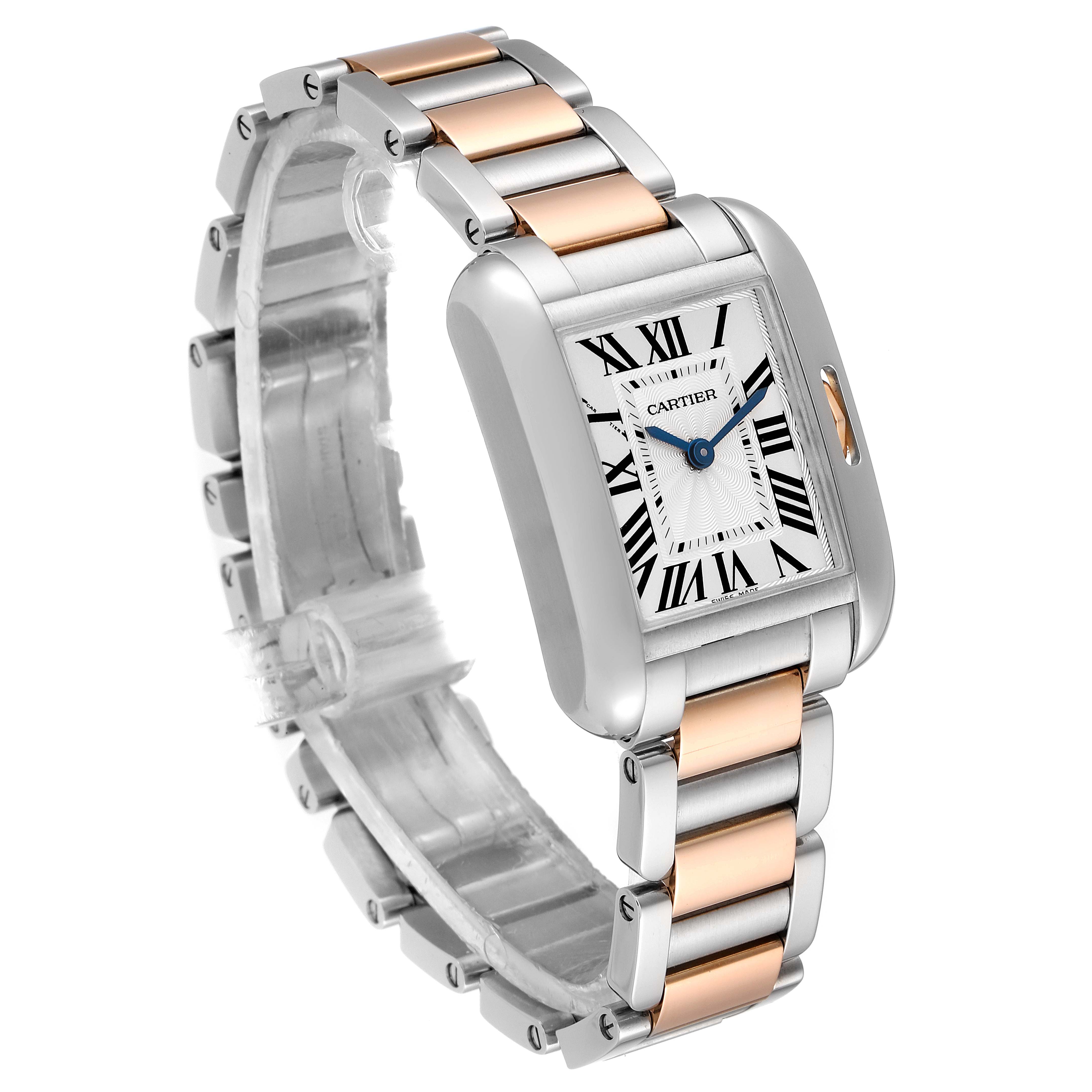 The image shows a Cartier Tank Anglaise W5310019 Women's Steel and Gold (two tone) Silver Dial W5310019 Women's Steel and Gold (two tone) Silver Dial watch from a front-angle, highlighting its two-tone bracelet and rectangular face.