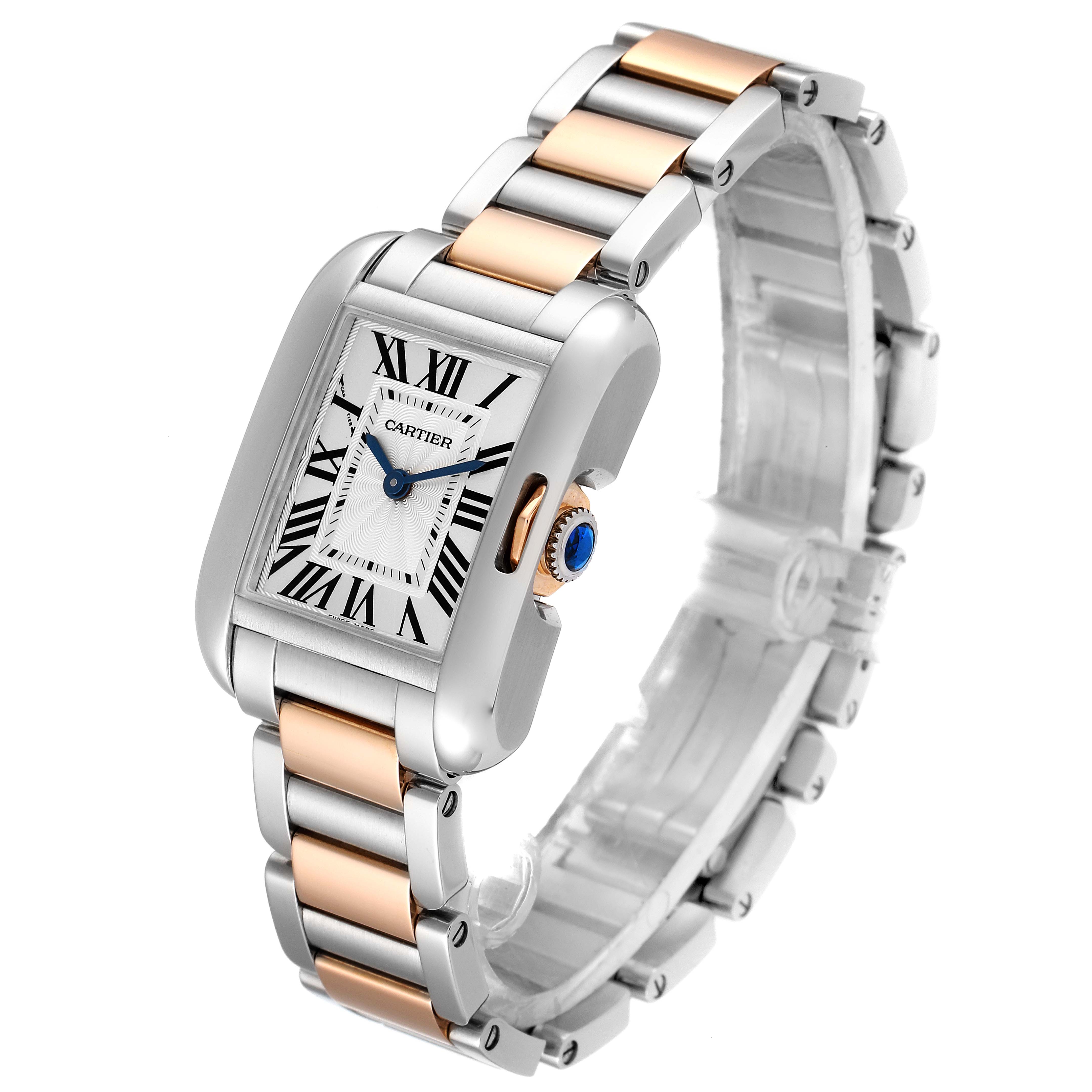 This image shows a Cartier Tank Anglaise W5310019 Women's Steel and Gold (two tone) Silver Dial W5310019 Women's Steel and Gold (two tone) Silver Dial watch at a three-quarter angle, highlighting its face, case, and bracelet.