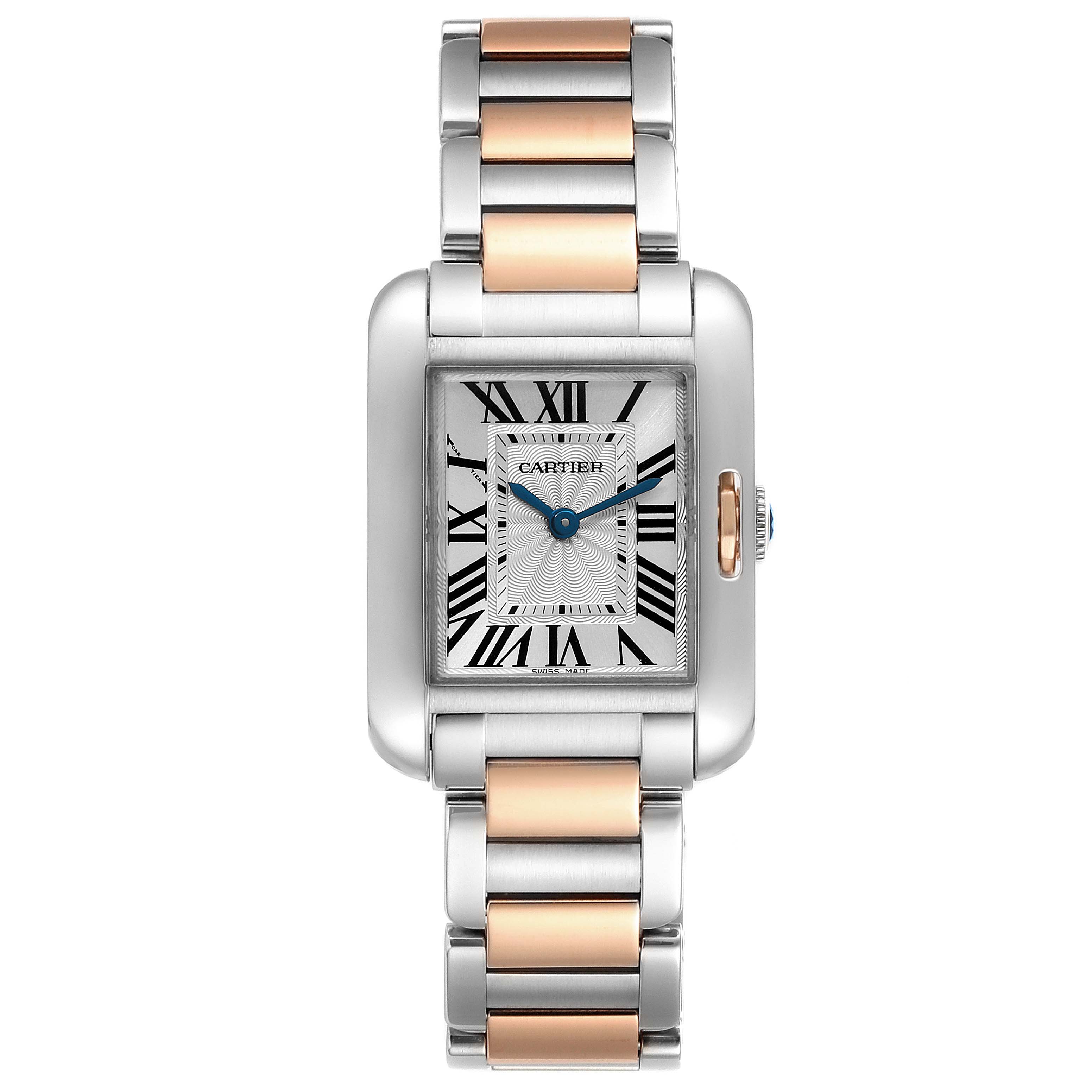 This image shows a Cartier Tank Anglaise W5310019 Women's Steel and Gold (two tone) Silver Dial W5310019 Women's Steel and Gold (two tone) Silver Dial watch from a front angle, highlighting its dial, case, and mixed-metal bracelet.