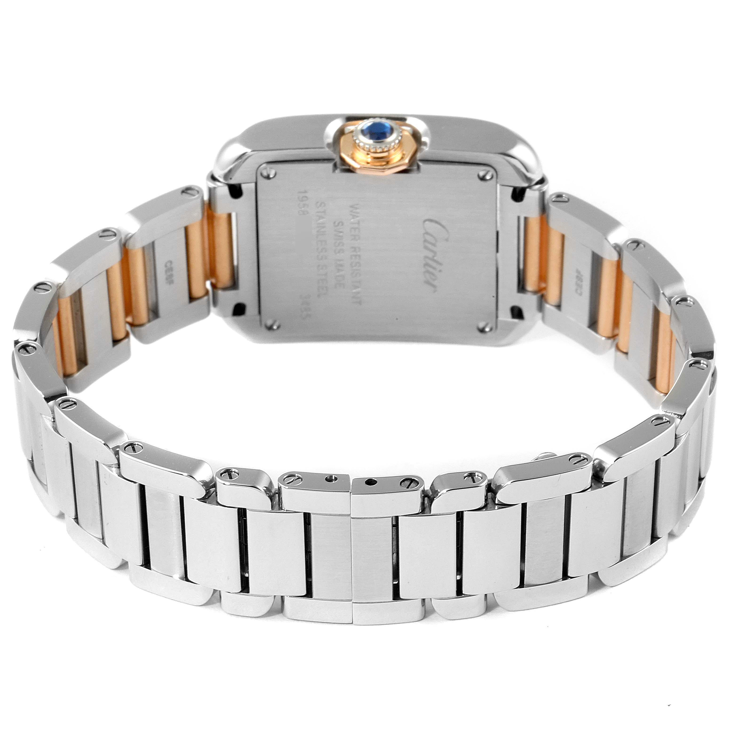 The image shows the back view of a Cartier Tank Anglaise W5310019 Women's Steel and Gold (two tone) Silver Dial W5310019 Women's Steel and Gold (two tone) Silver Dial watch, highlighting its bracelet and caseback.