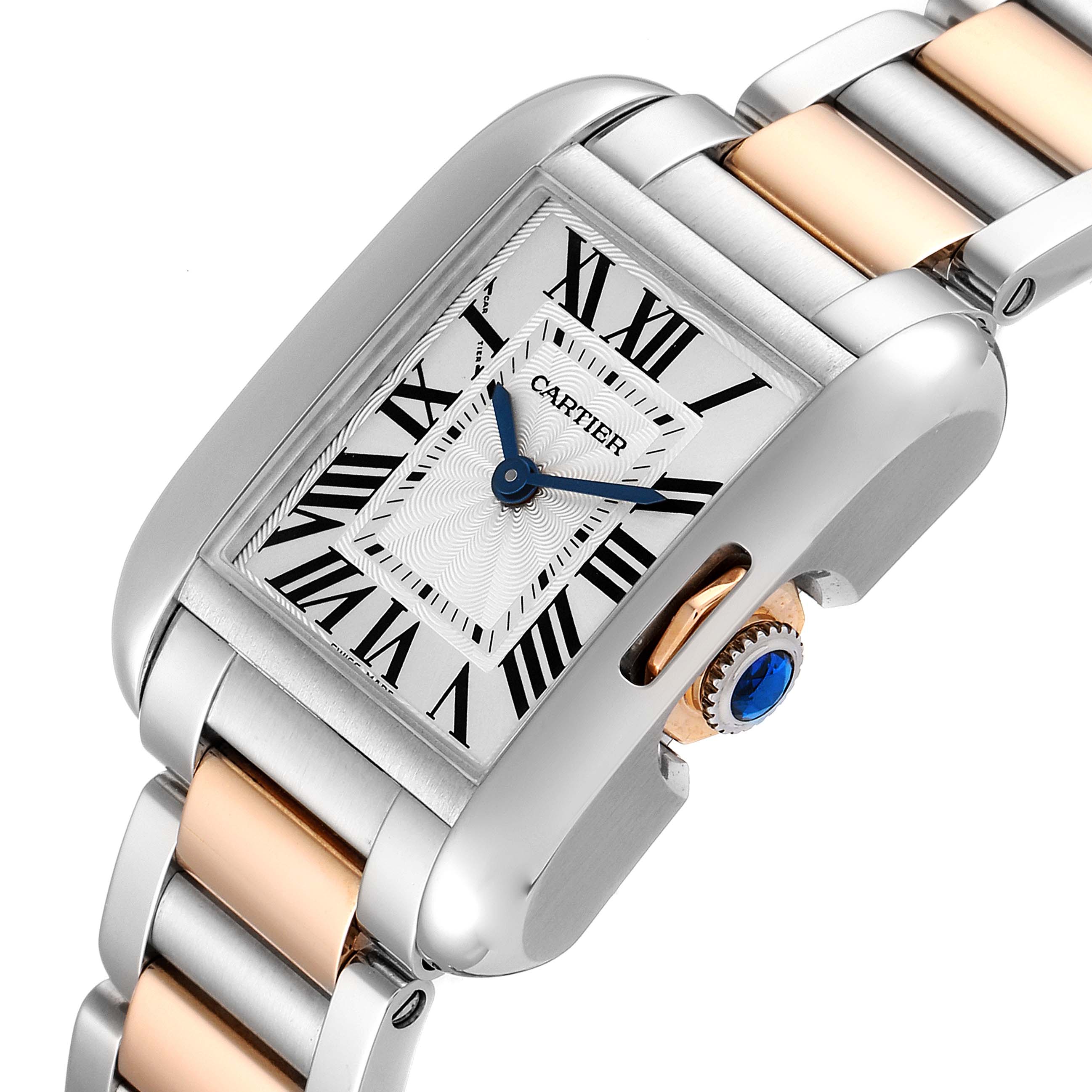 The image shows a Cartier Tank Anglaise W5310019 Women's Steel and Gold (two tone) Silver Dial W5310019 Women's Steel and Gold (two tone) Silver Dial watch in a close-up angled view, highlighting its dial, crown, and part of the bracelet.