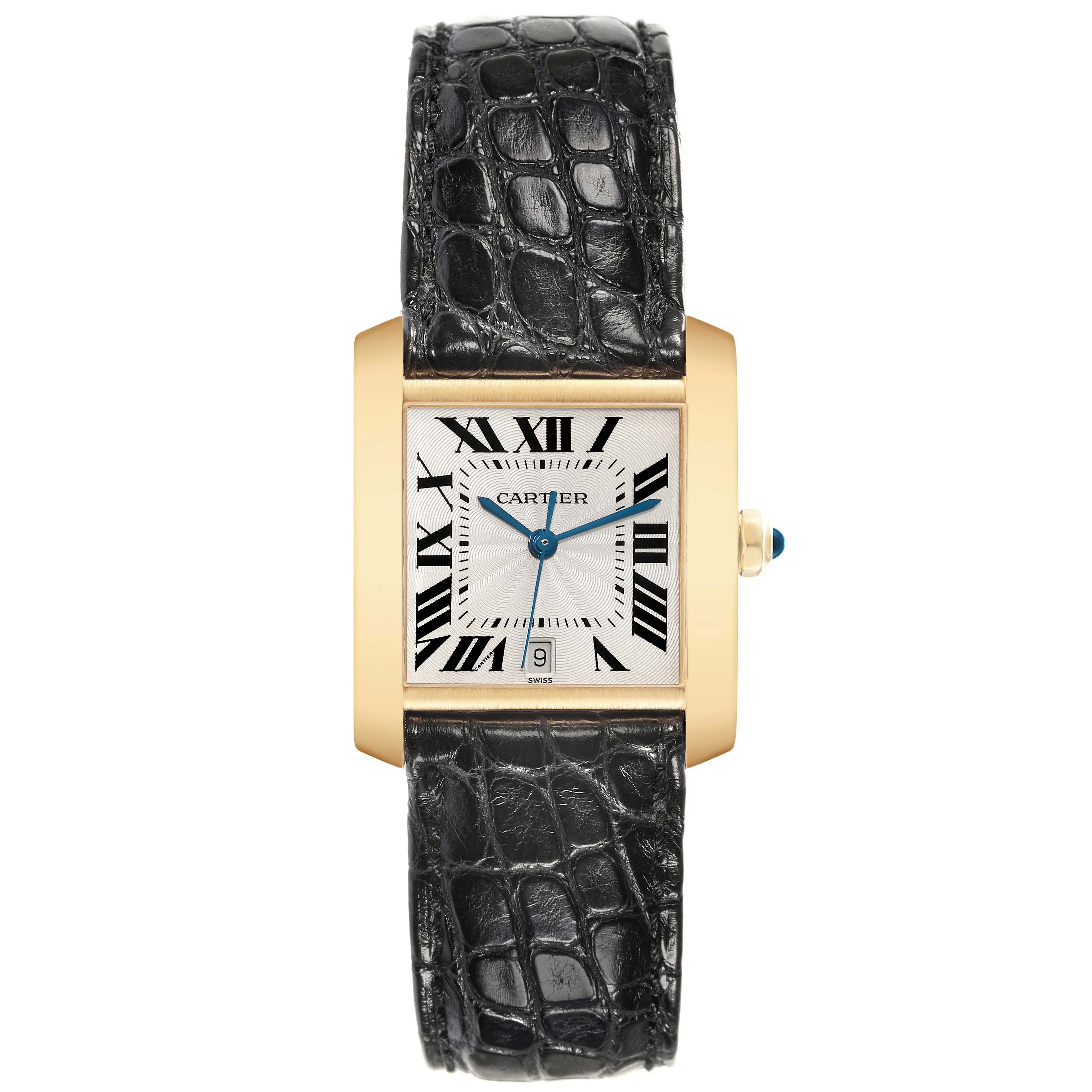 The image shows a front view of the Cartier Tank Francaise W5000156 Men's Yellow Gold Silver Dial W5000156 Men's Yellow Gold Silver Dial watch with a gold case, black leather strap, and Roman numeral dial.