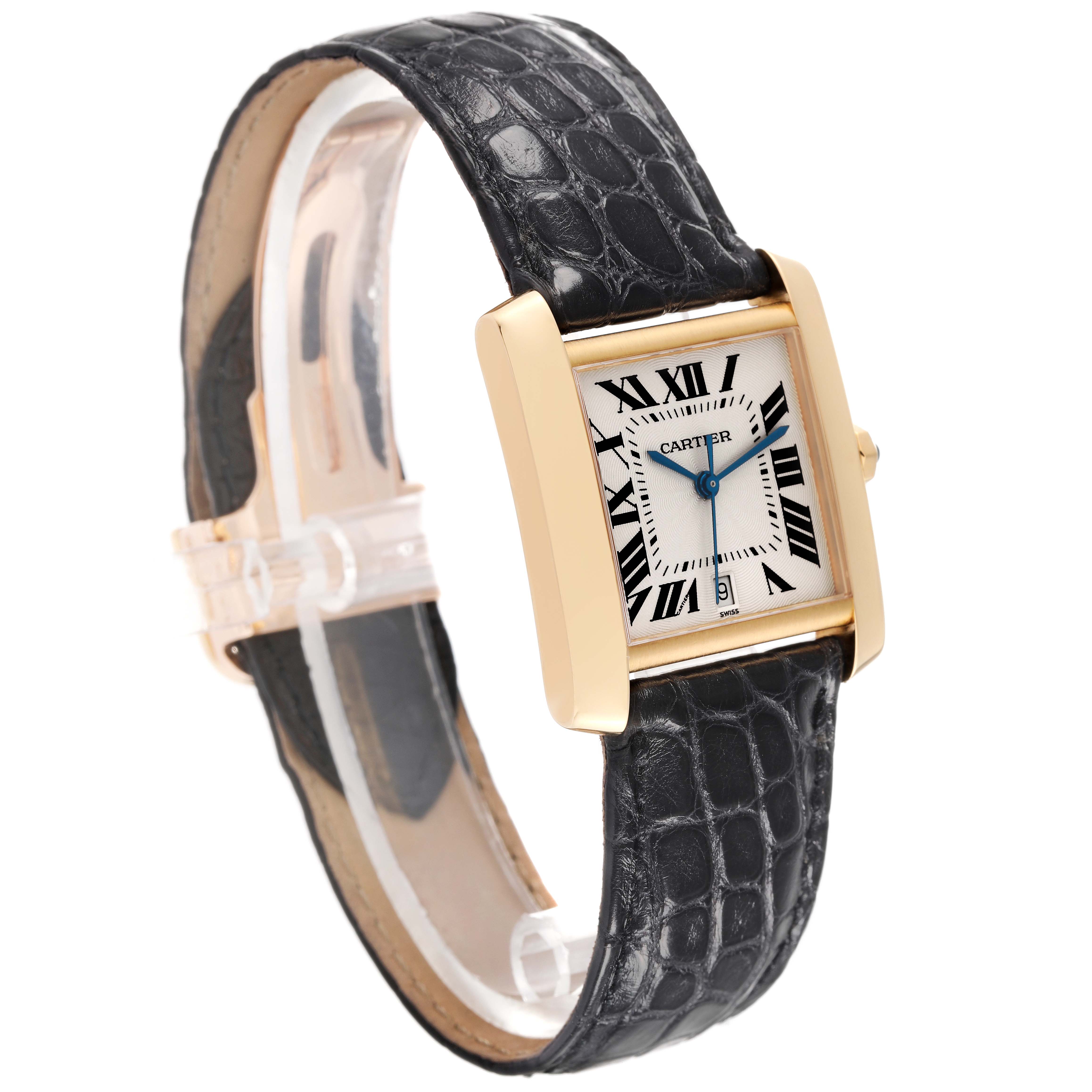 The Cartier Tank Française watch is shown at an angle, highlighting its rectangular face, gold case, and black leather strap.