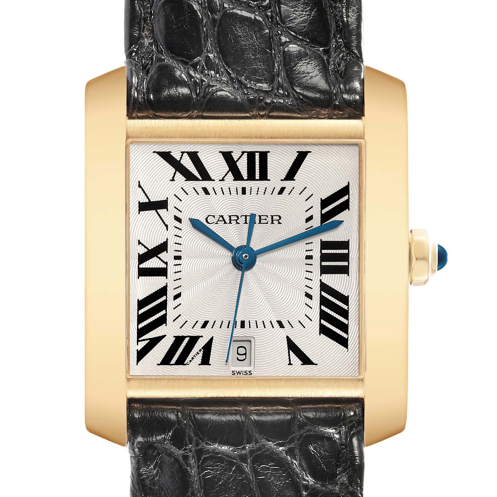 This image shows a close-up, front view of a Cartier Tank Francaise W5000156 Men's Yellow Gold Silver Dial W5000156 Men's Yellow Gold Silver Dial watch, highlighting the dial, case, and a portion of the strap.