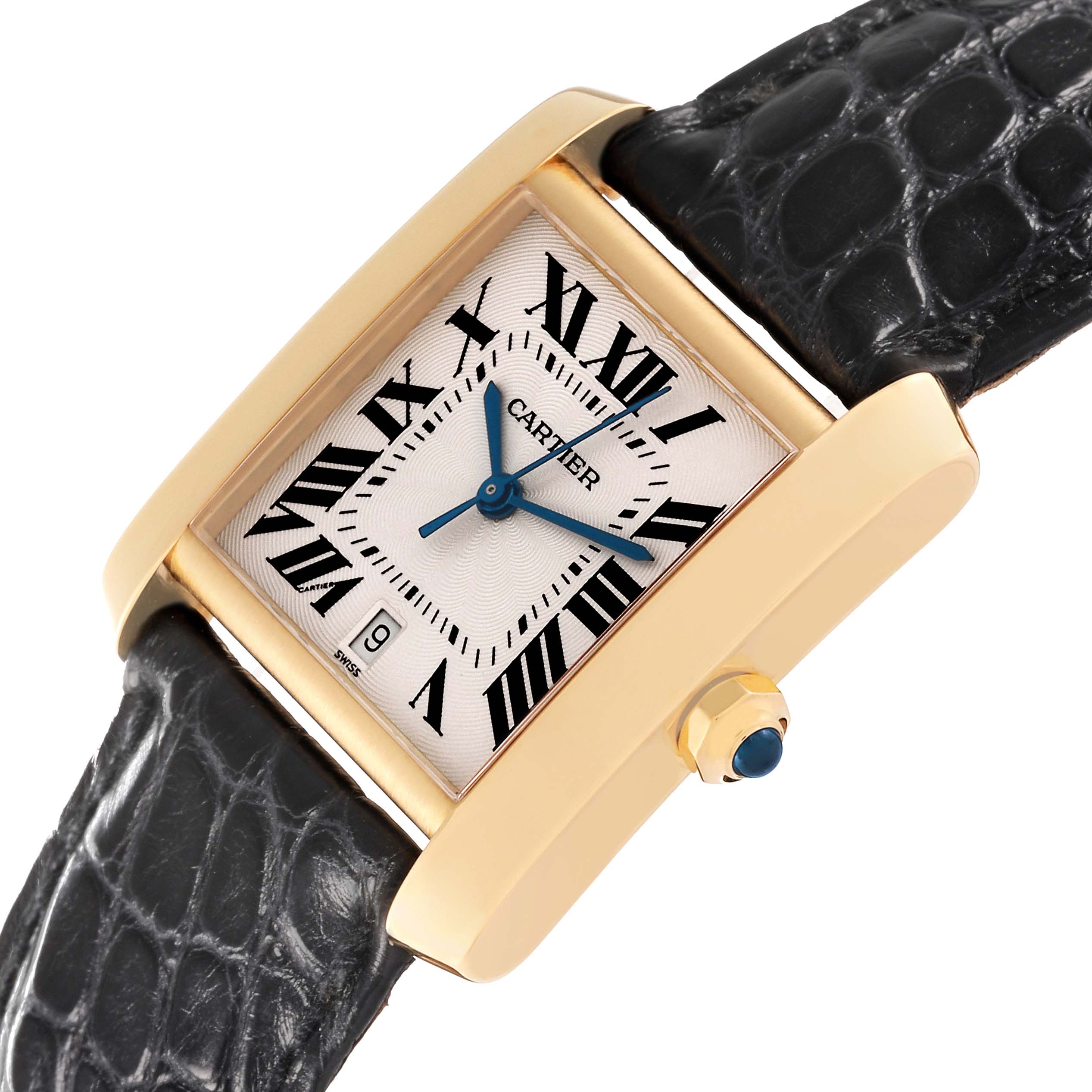 The image shows a close-up, angled view of the face, bezel, and strap of a Cartier Tank Française watch.