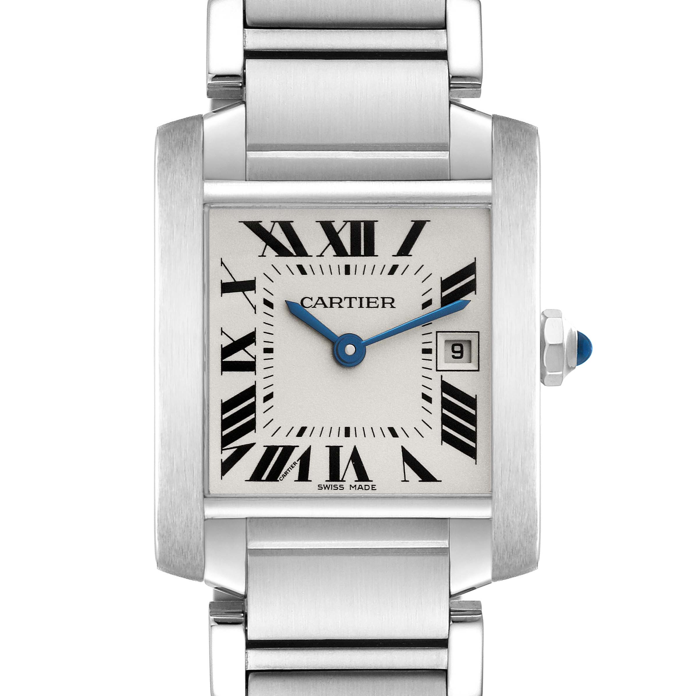 This image shows a front view of a Cartier Tank Francaise W51011Q3 Women's Stainless Steel Silver Dial W51011Q3 Women's Stainless Steel Silver Dial watch, detailing its dial, Roman numerals, blued hands, metal bracelet, and date window.