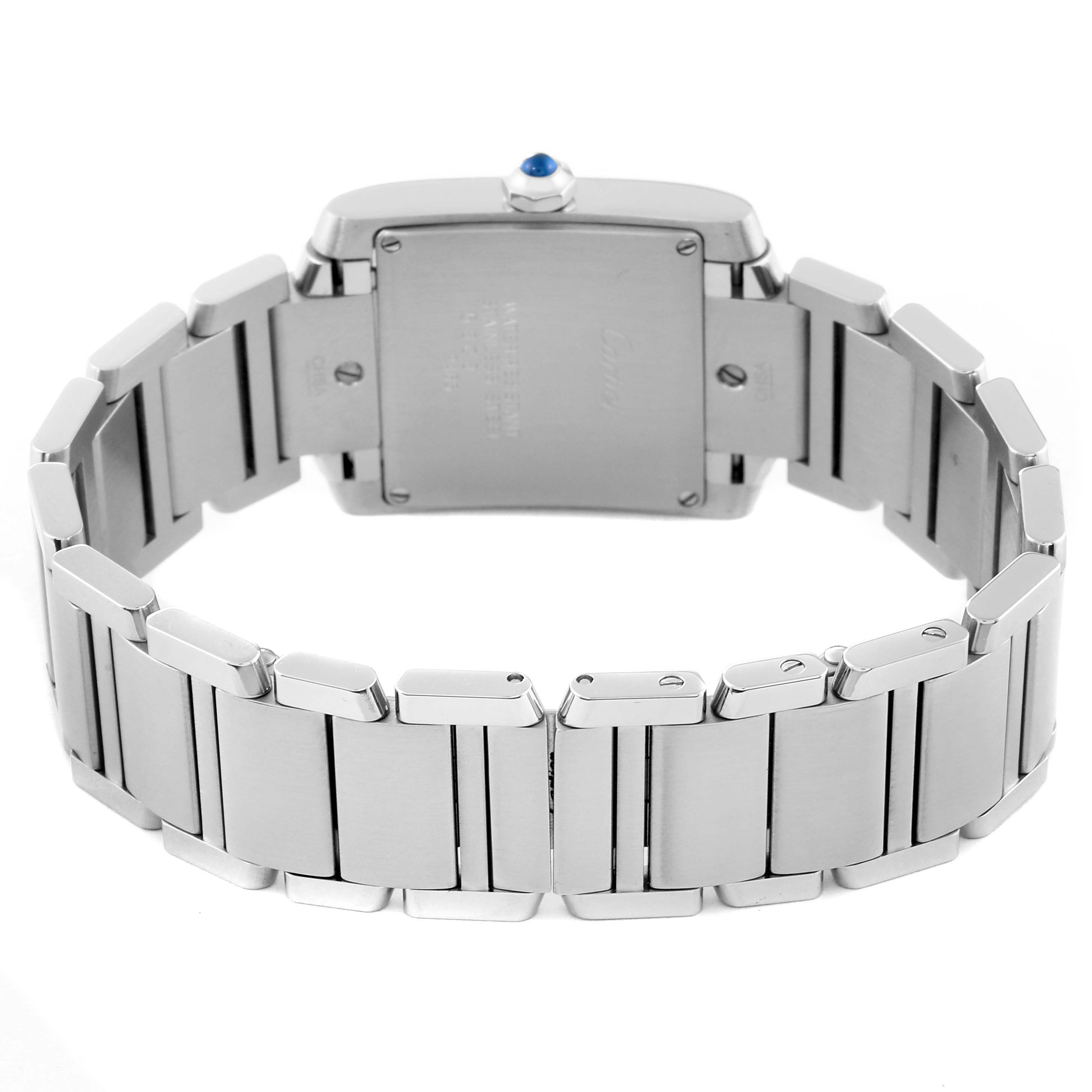 The image shows the back view of a Cartier Tank Francaise W51011Q3 Women's Stainless Steel Silver Dial W51011Q3 Women's Stainless Steel Silver Dial watch, highlighting its metal bracelet and case back.
