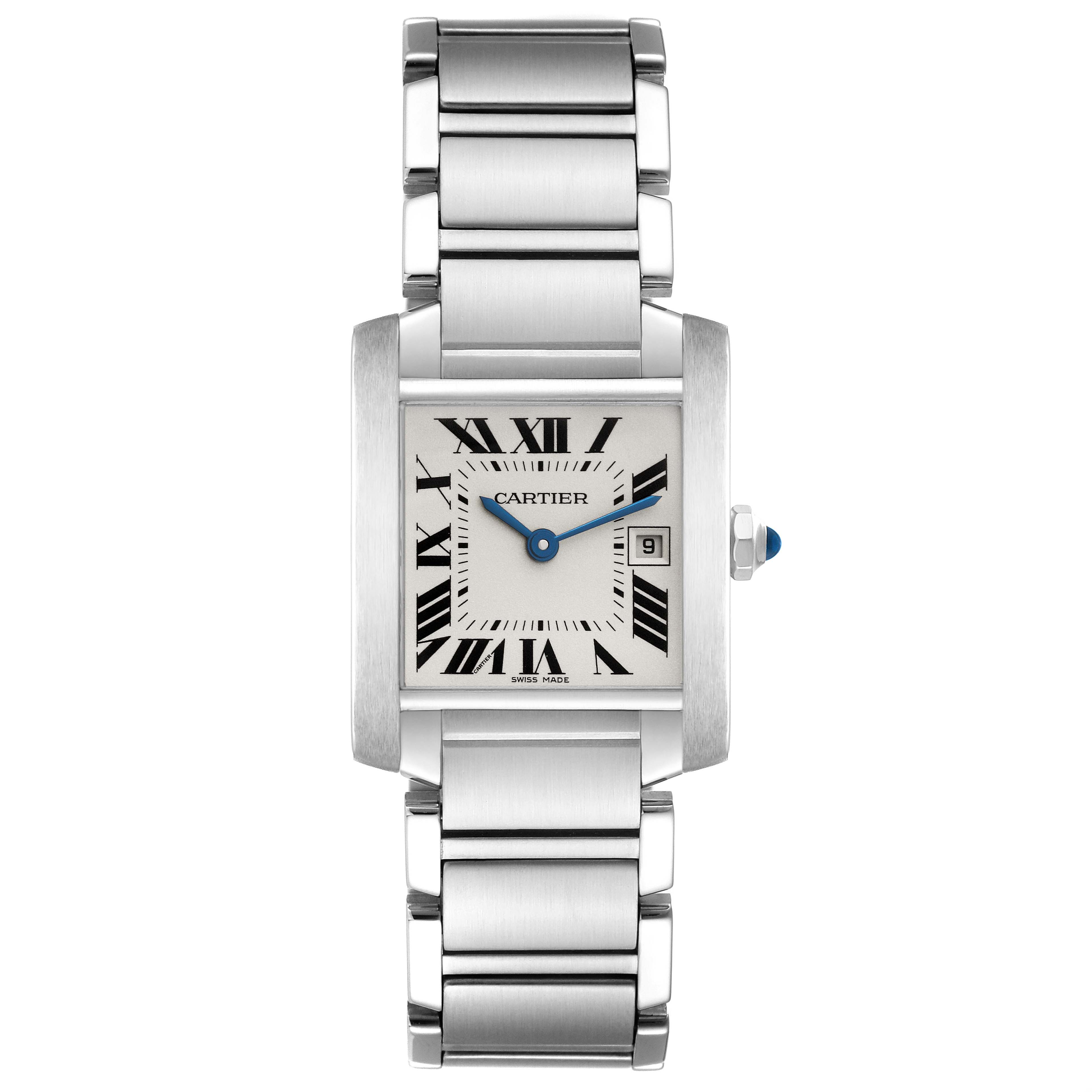 The Cartier Tank Francaise W51011Q3 Women's Stainless Steel Silver Dial W51011Q3 Women's Stainless Steel Silver Dial watch is shown from a top-down angle, highlighting the face, case, bracelet, and crown.