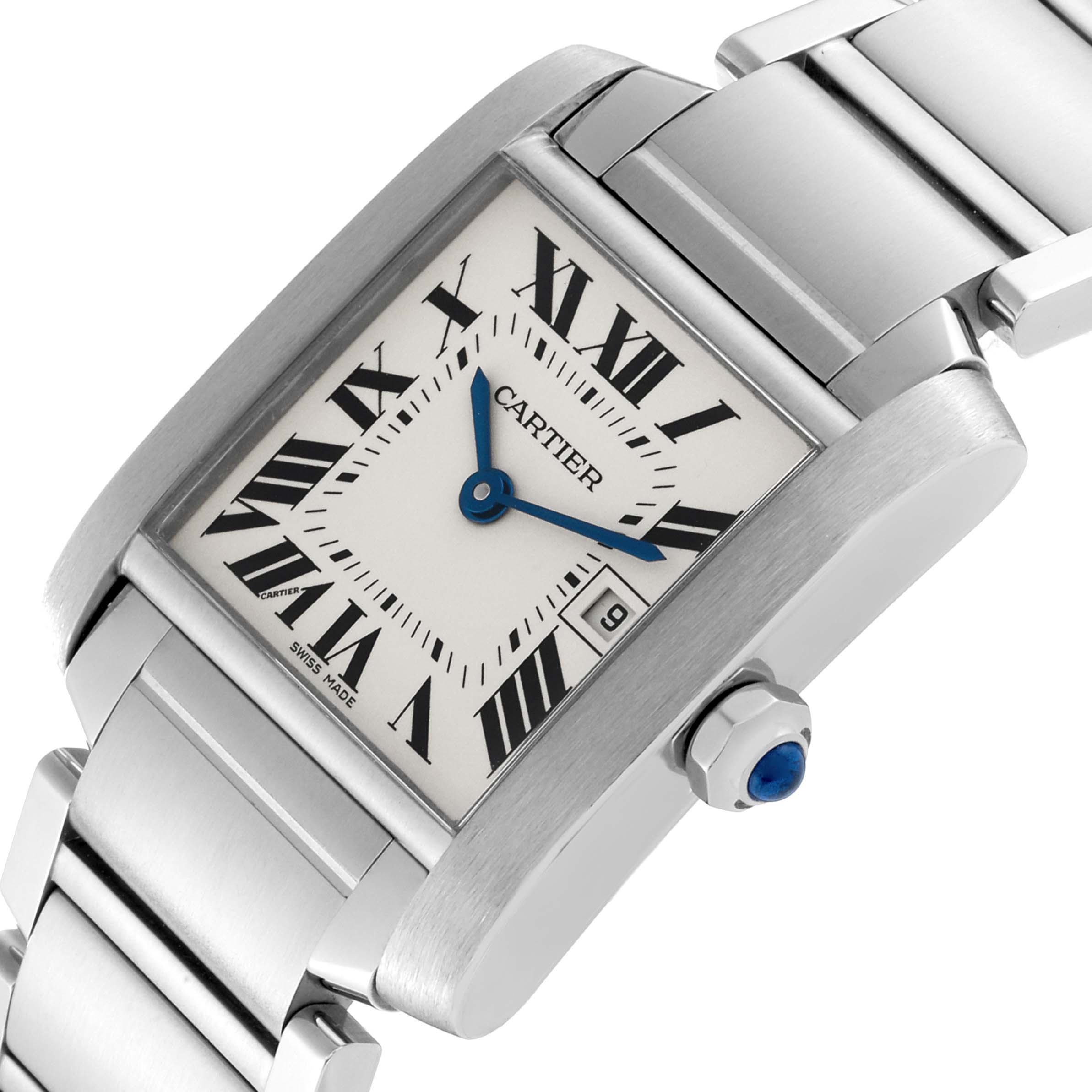 The image shows a Cartier Tank Francaise W51011Q3 Women's Stainless Steel Silver Dial W51011Q3 Women's Stainless Steel Silver Dial watch from an angled view, highlighting the face, crown, and metal bracelet.