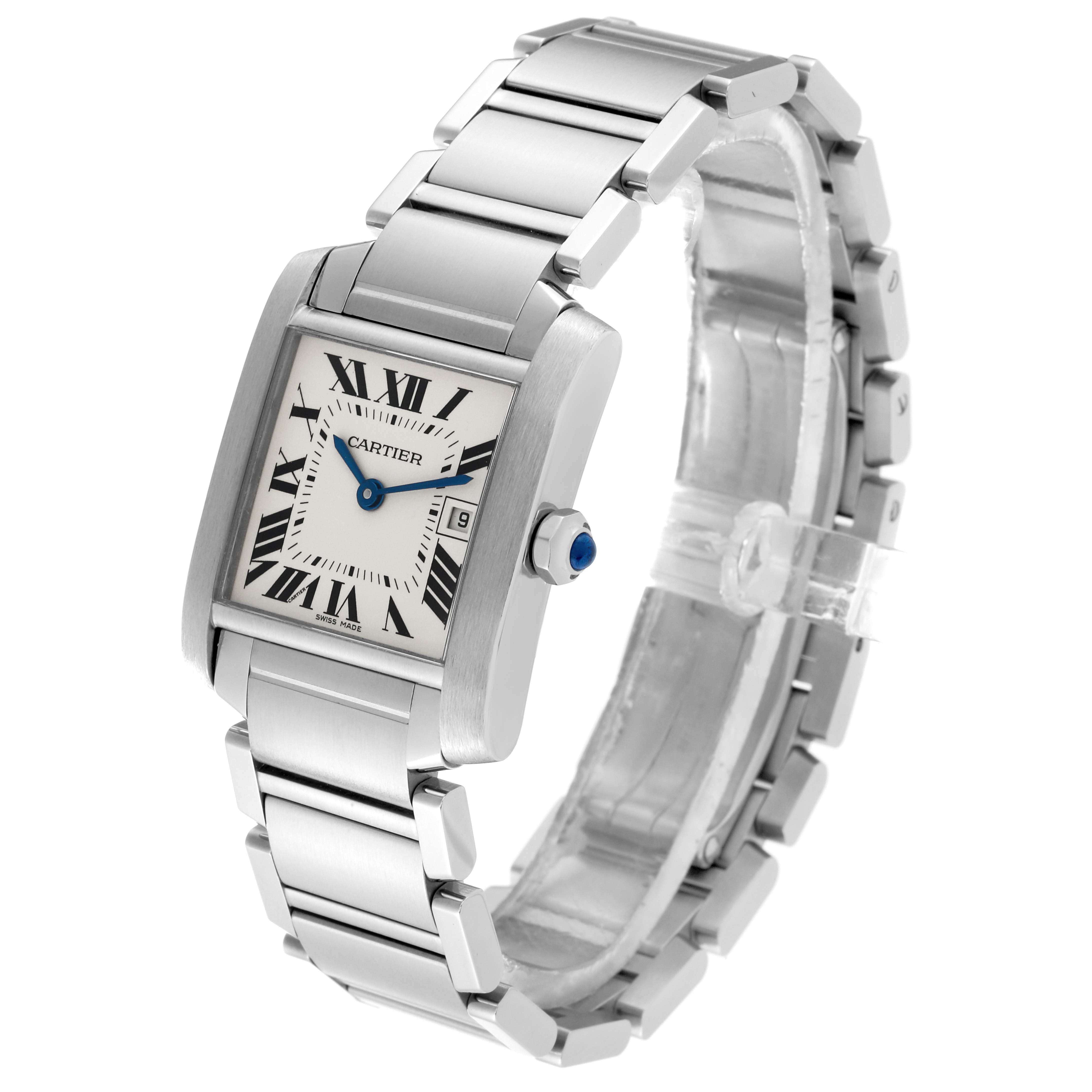 The image shows a Cartier Tank Française watch at an angle highlighting the face, bracelet, and crown with a blue cabochon.